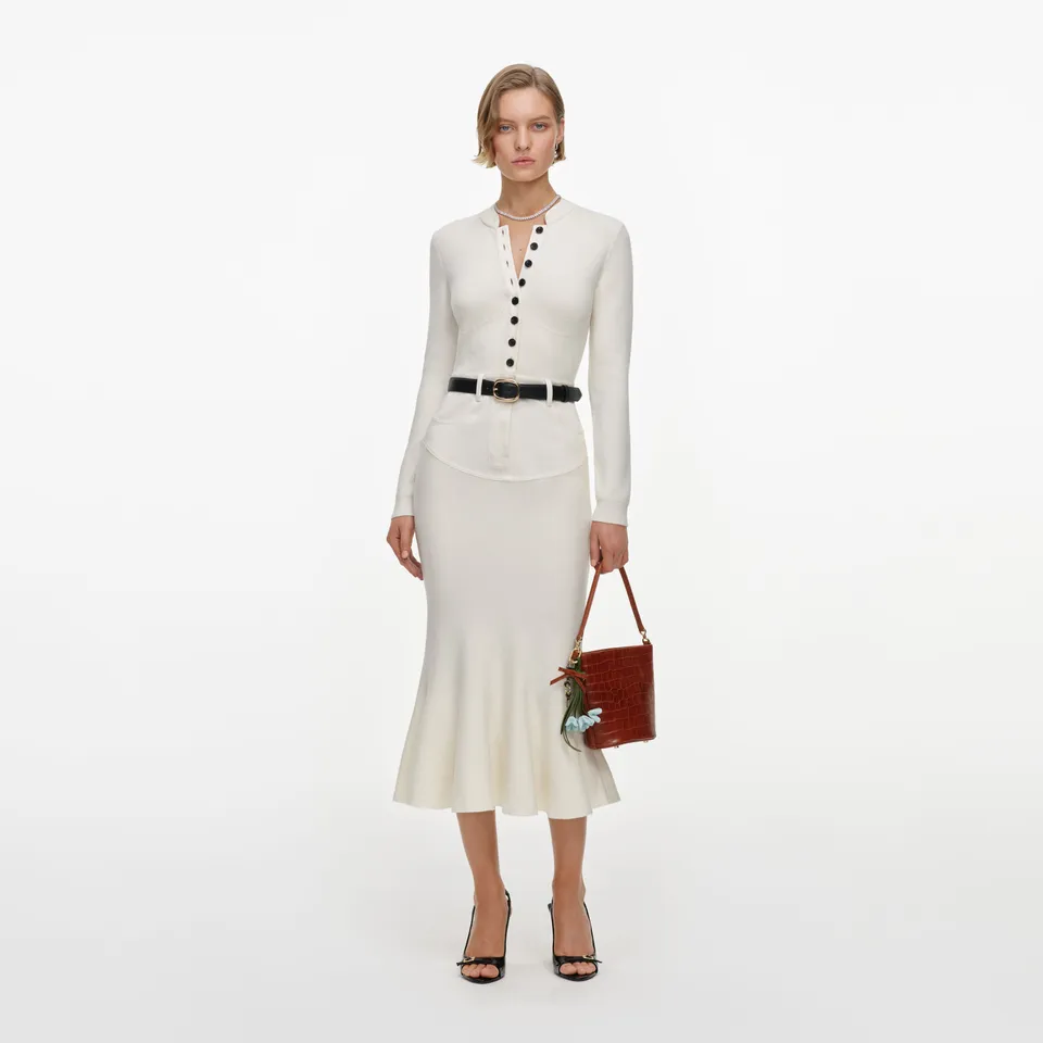 Self Portrait Cream Knit Denim Midi Kleid Creme