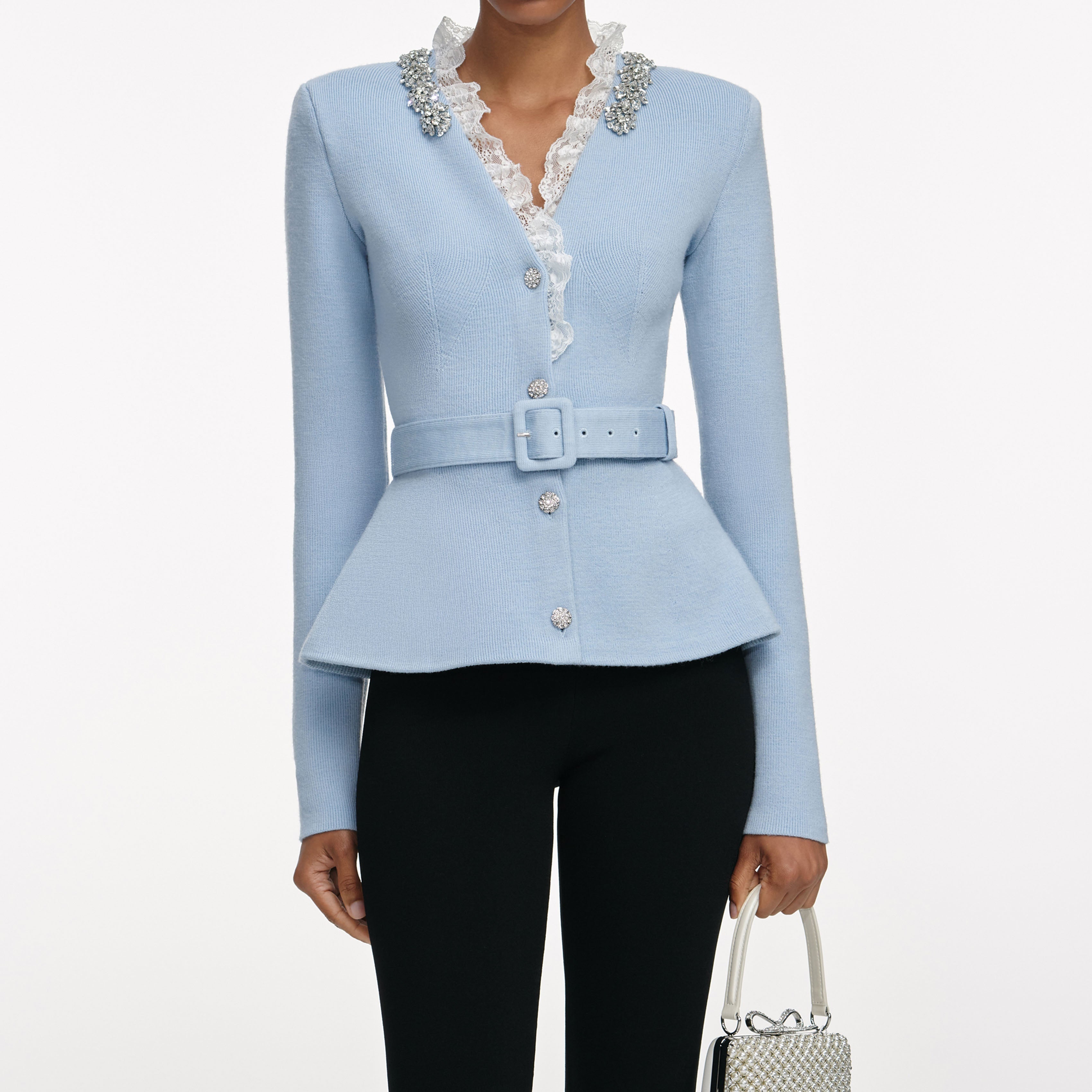Self Portrait Blue Crystal Trim Cardigan Strickjacke Blau M Gürtel