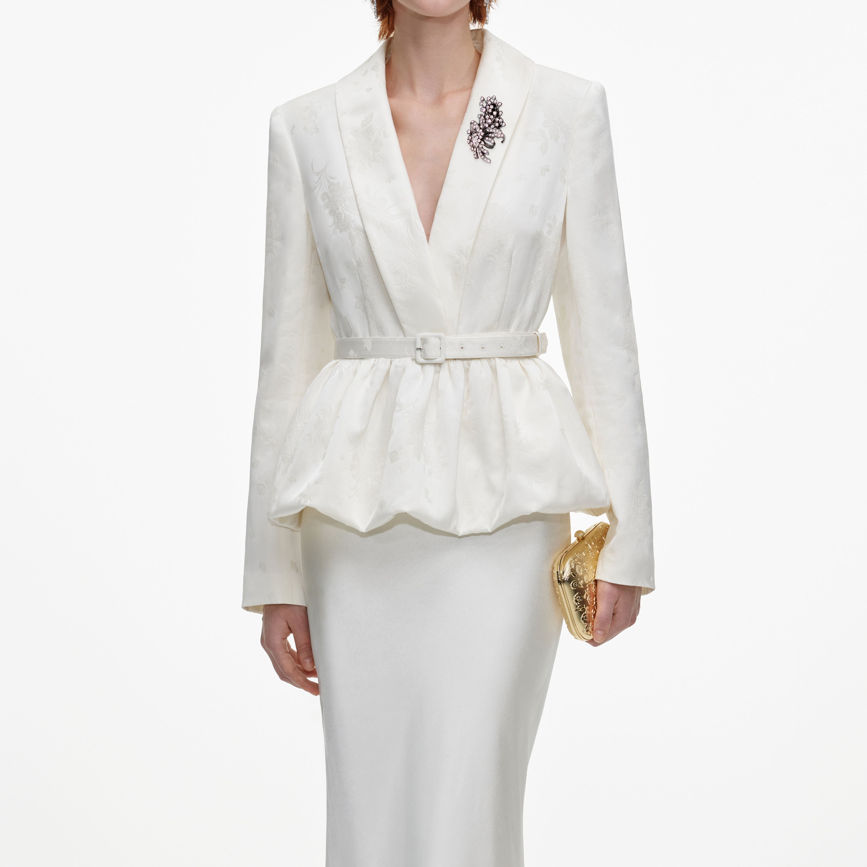 Self Portrait Jacquard Maxikleid Creme mit Brosche