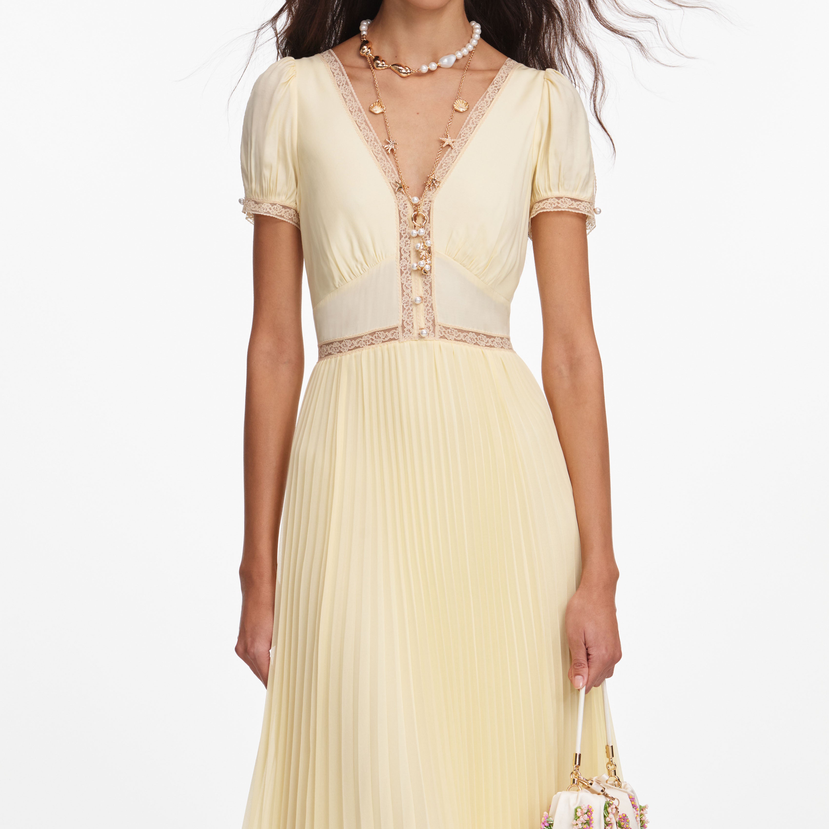 Self-Portrait Yellow Viscose Pleated Lace Midi Kleid Gelb Plissee