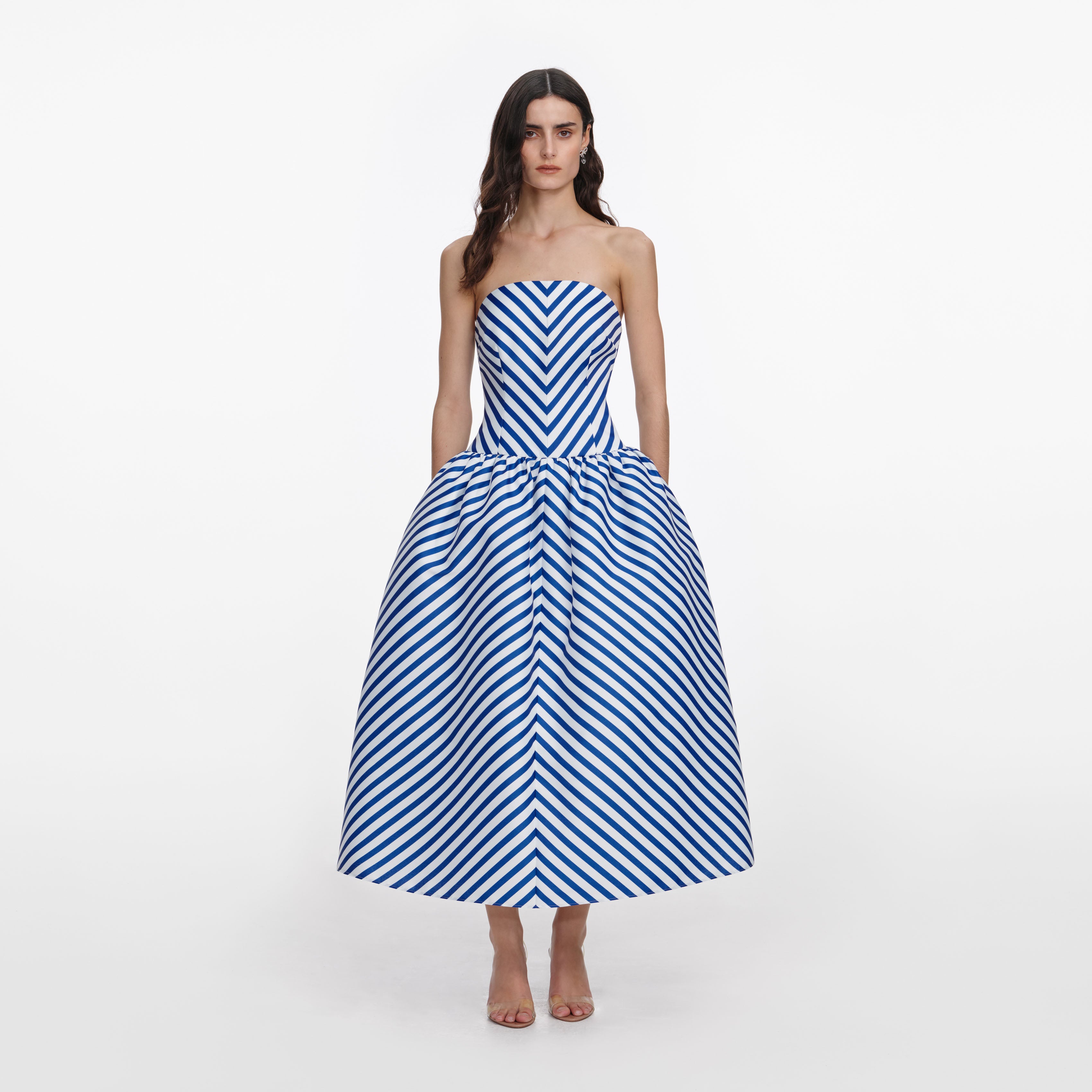 Self Portrait Dresses Navy Stripe Midi Kleid Taft Bandeau Navy
