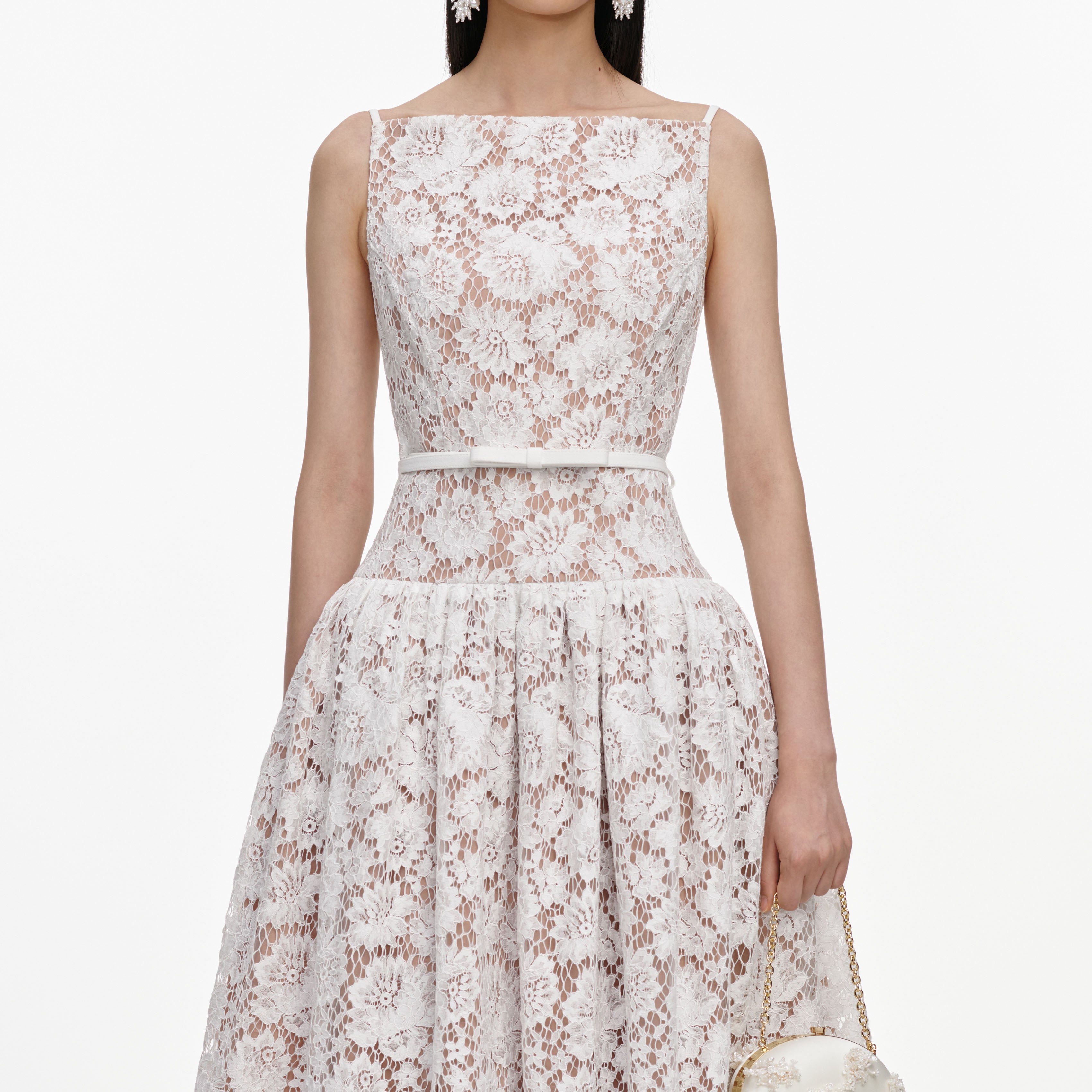 Self Portrait White Lace Flared Midi Kleid Weiß Spitze