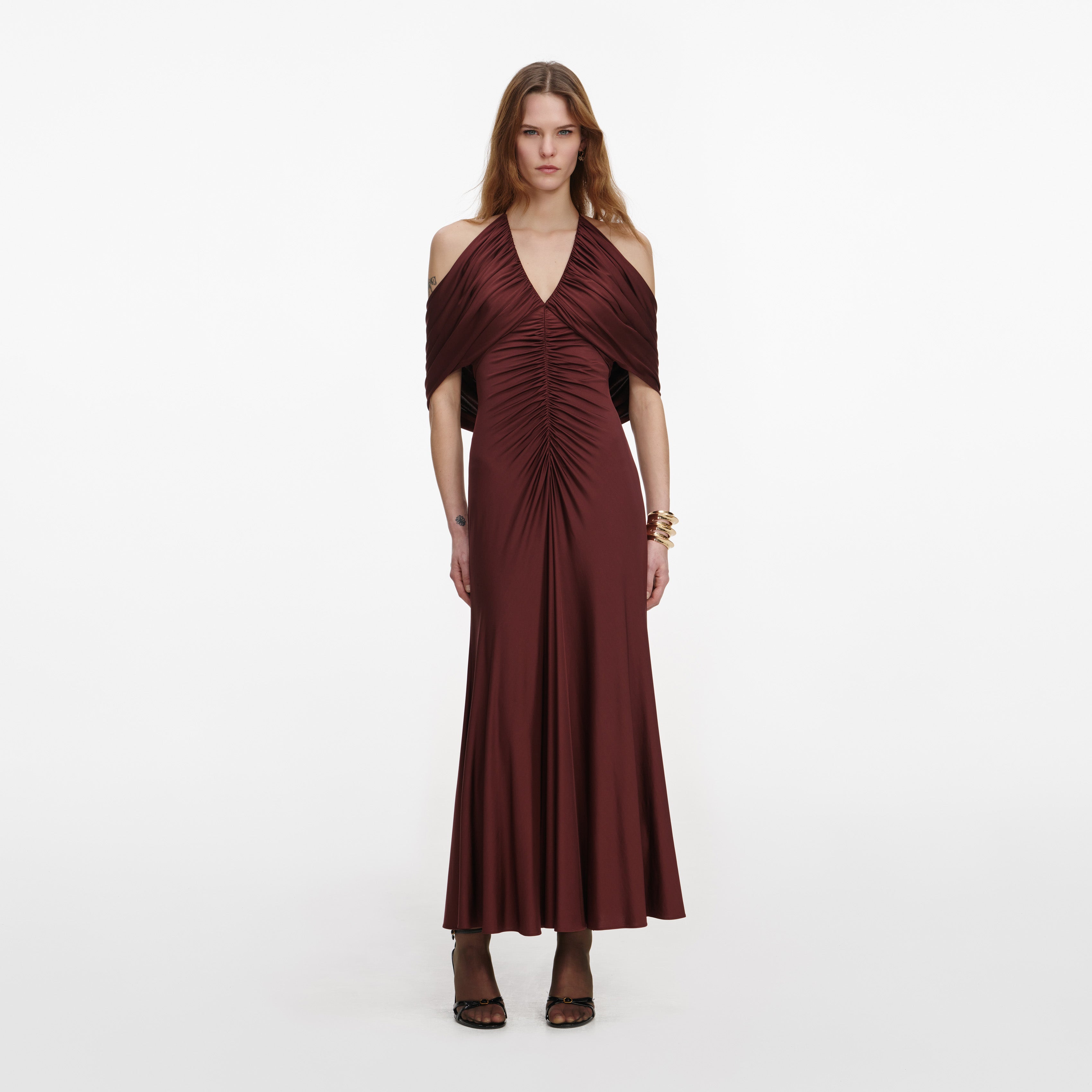 Self Portrait Brown Jersey Drape Midi Dress Kleid Braun UK 6