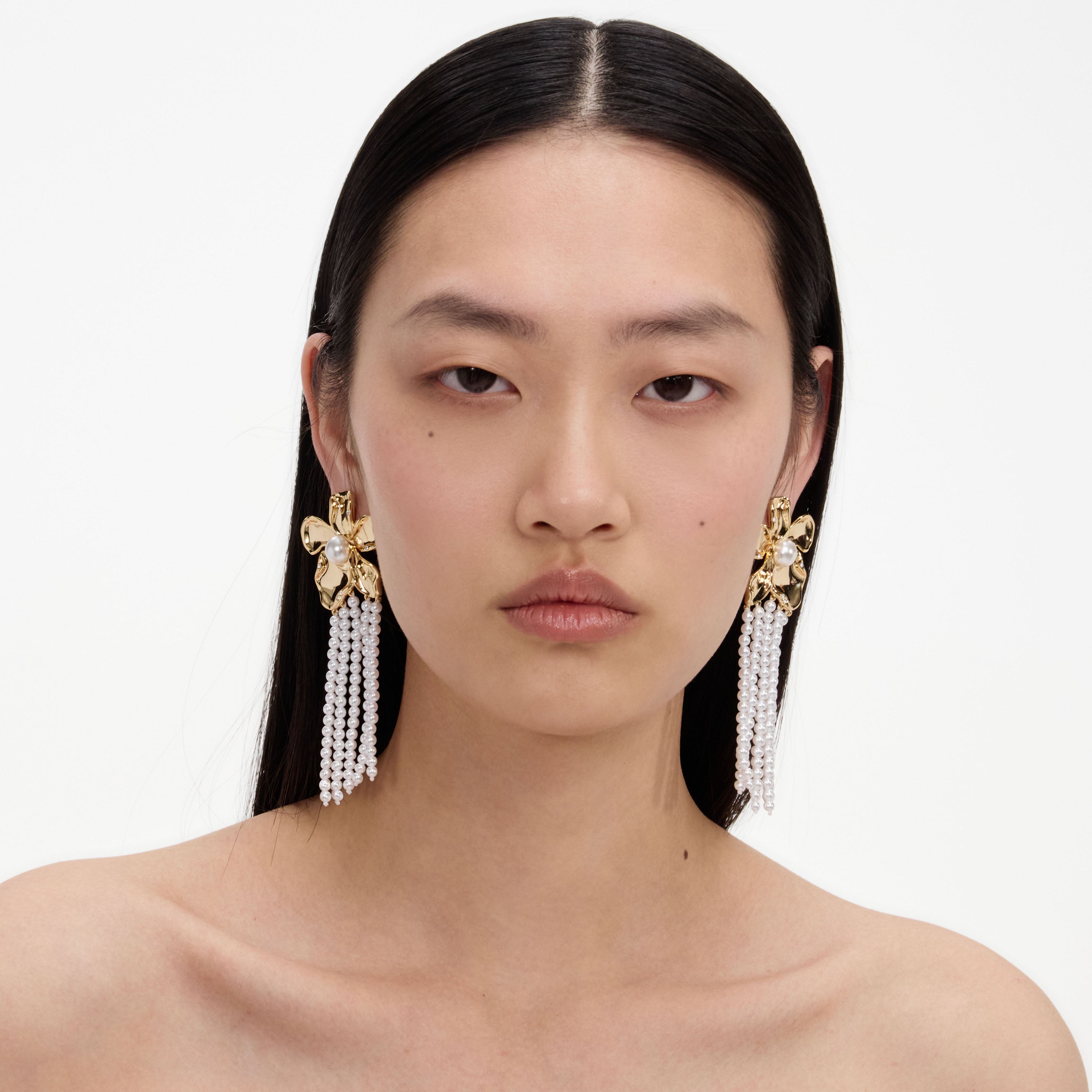 Self Portrait Gold Flower Pearl Dangle Ohrringe Gold Hängend