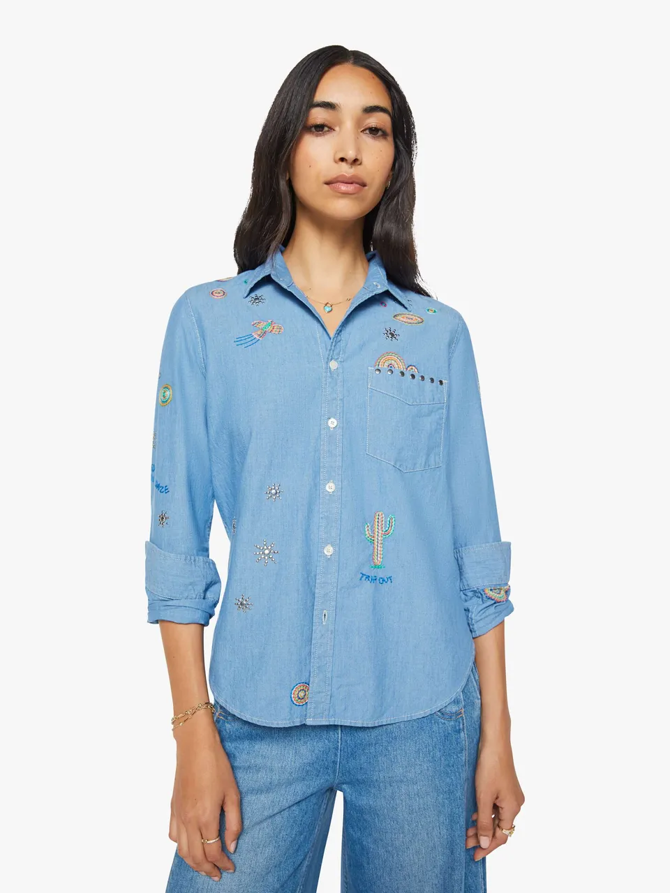 Mother The Foxy Boxy Bluse Hands Up blau Stickerei