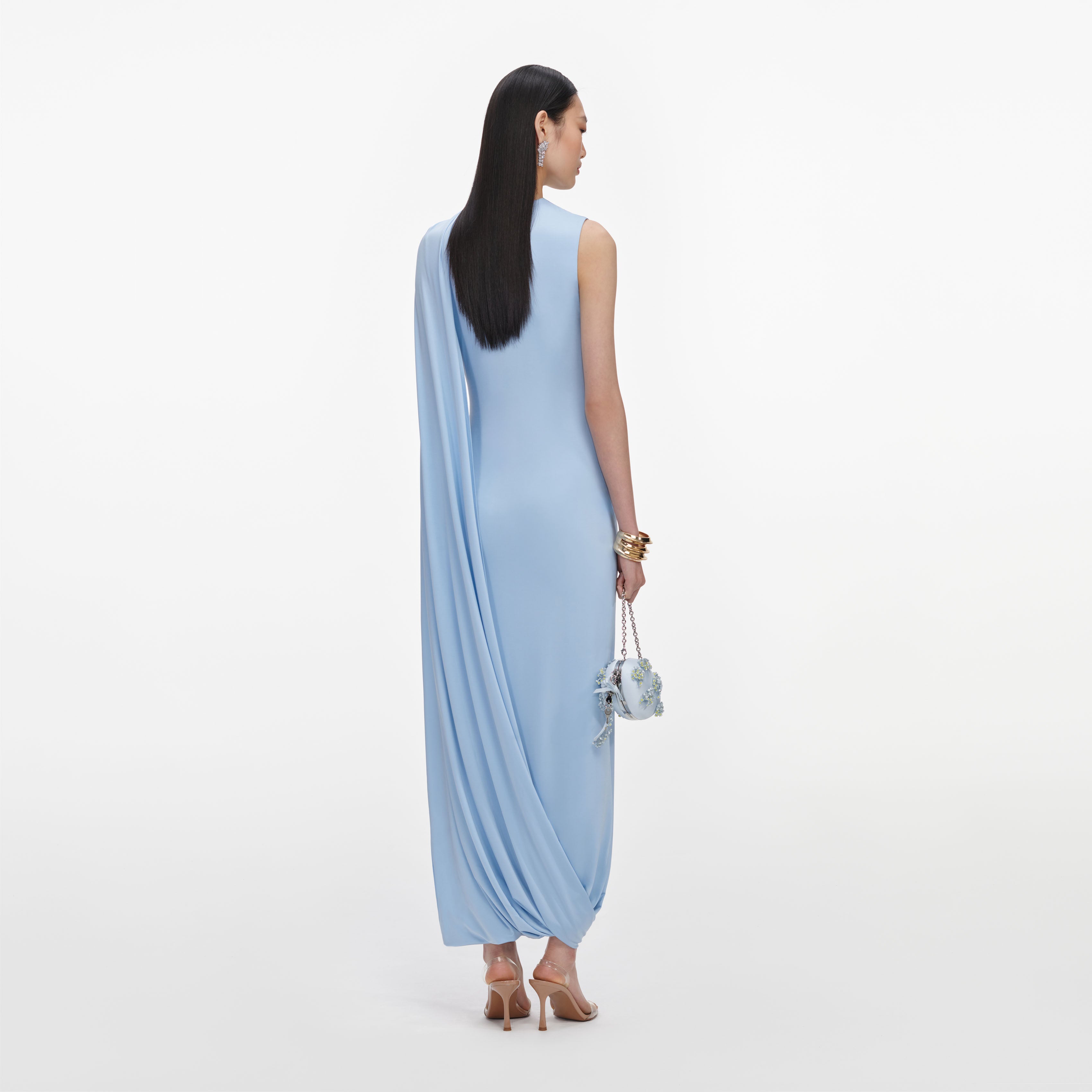 Self Portrait Blue Jersey Draped Maxi Dress Kleid Blau UK 4
