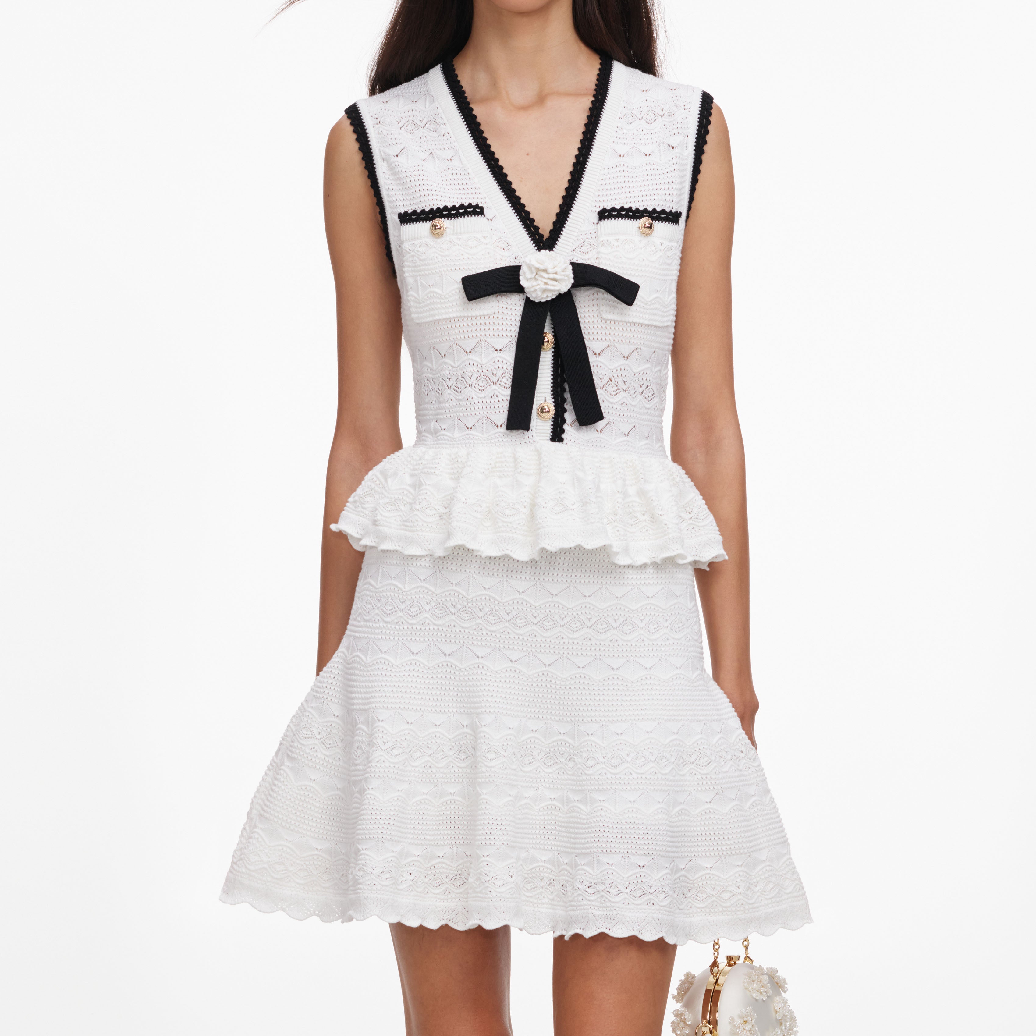 Self Portrait White Peplum Pointelle Knit Mini Kleid S Stretch