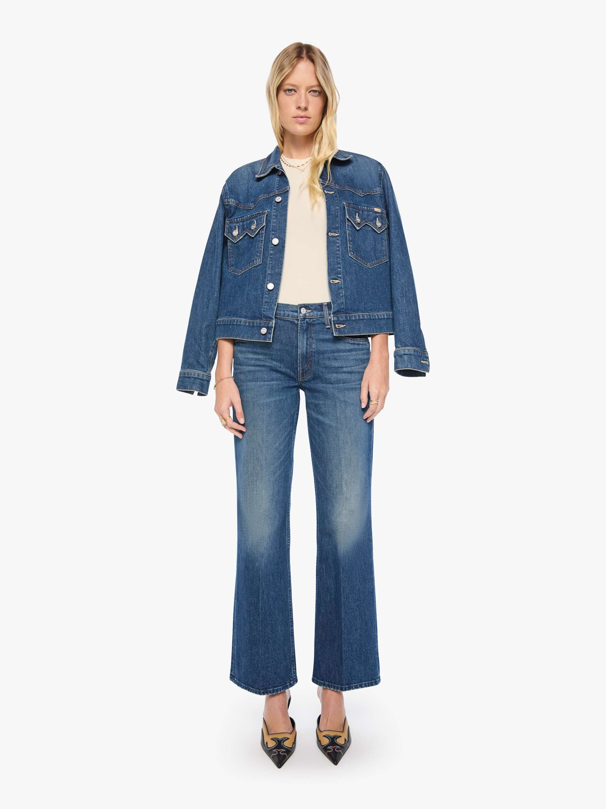 Mother The Bookie Sneak Buckaroo Bootcut Jeans Mittelblau