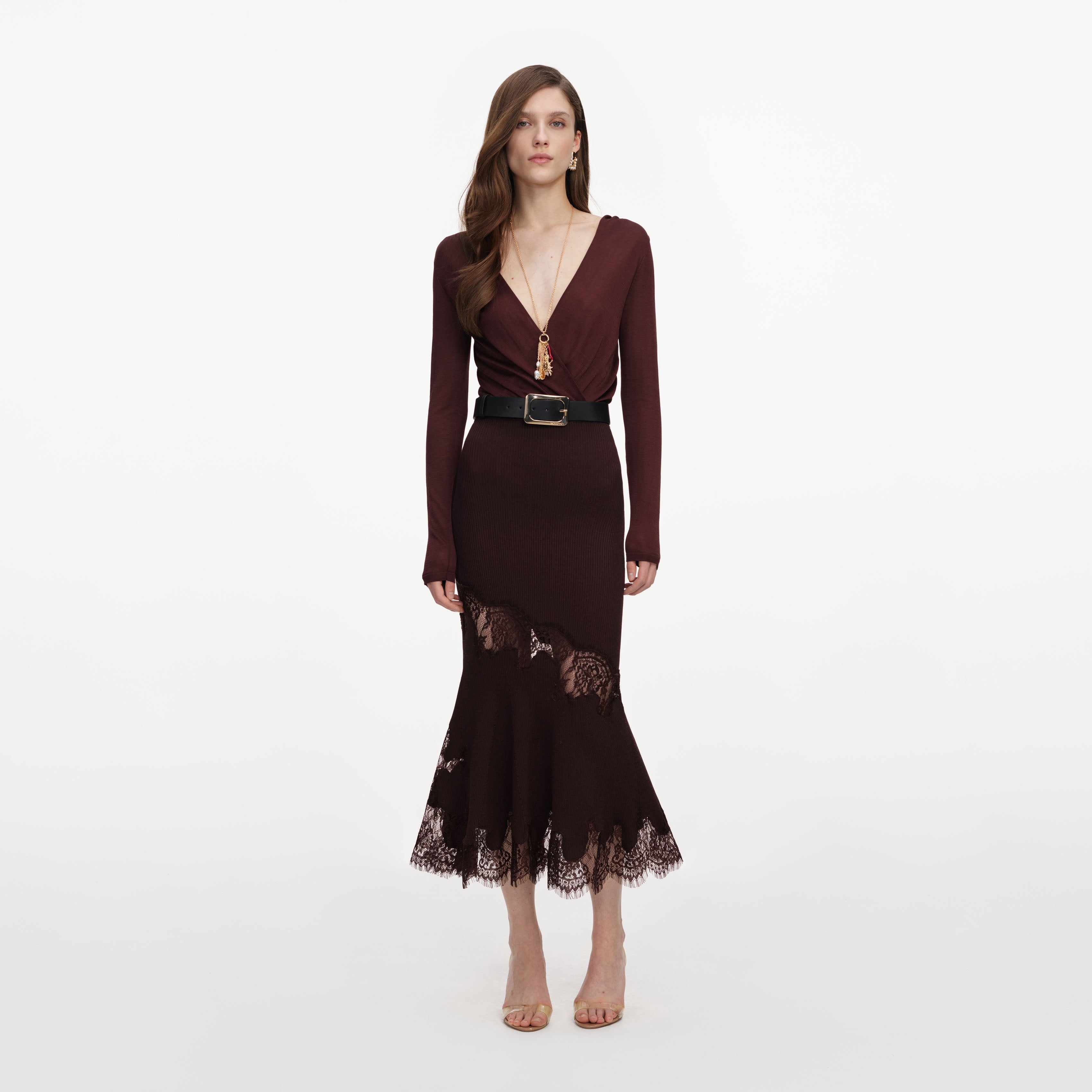Self Portrait Brown Ribbed Strickrock Braun Midi Viskose