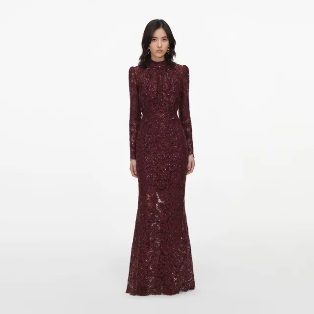 Self Portrait Burgundy Sequin Lace Maxikleid Bordeaux Spitze
