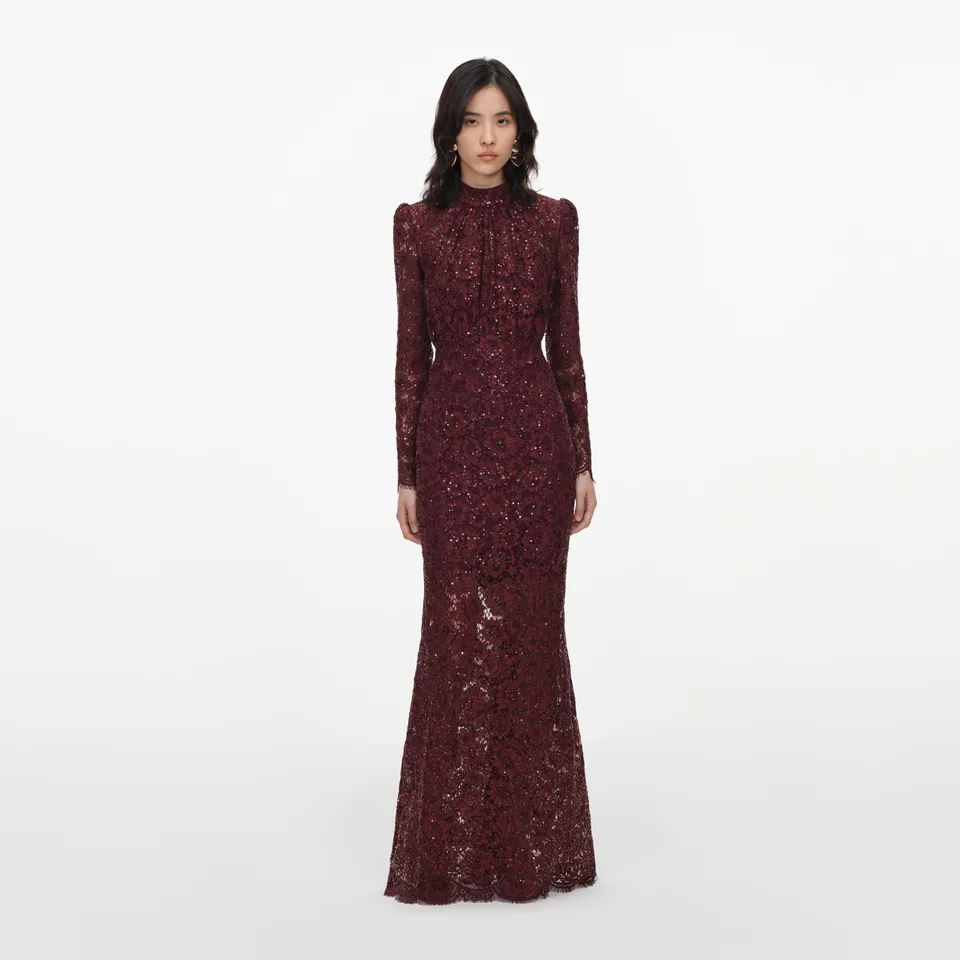 Self Portrait Burgundy Sequin Lace Maxikleid Bordeaux Spitze