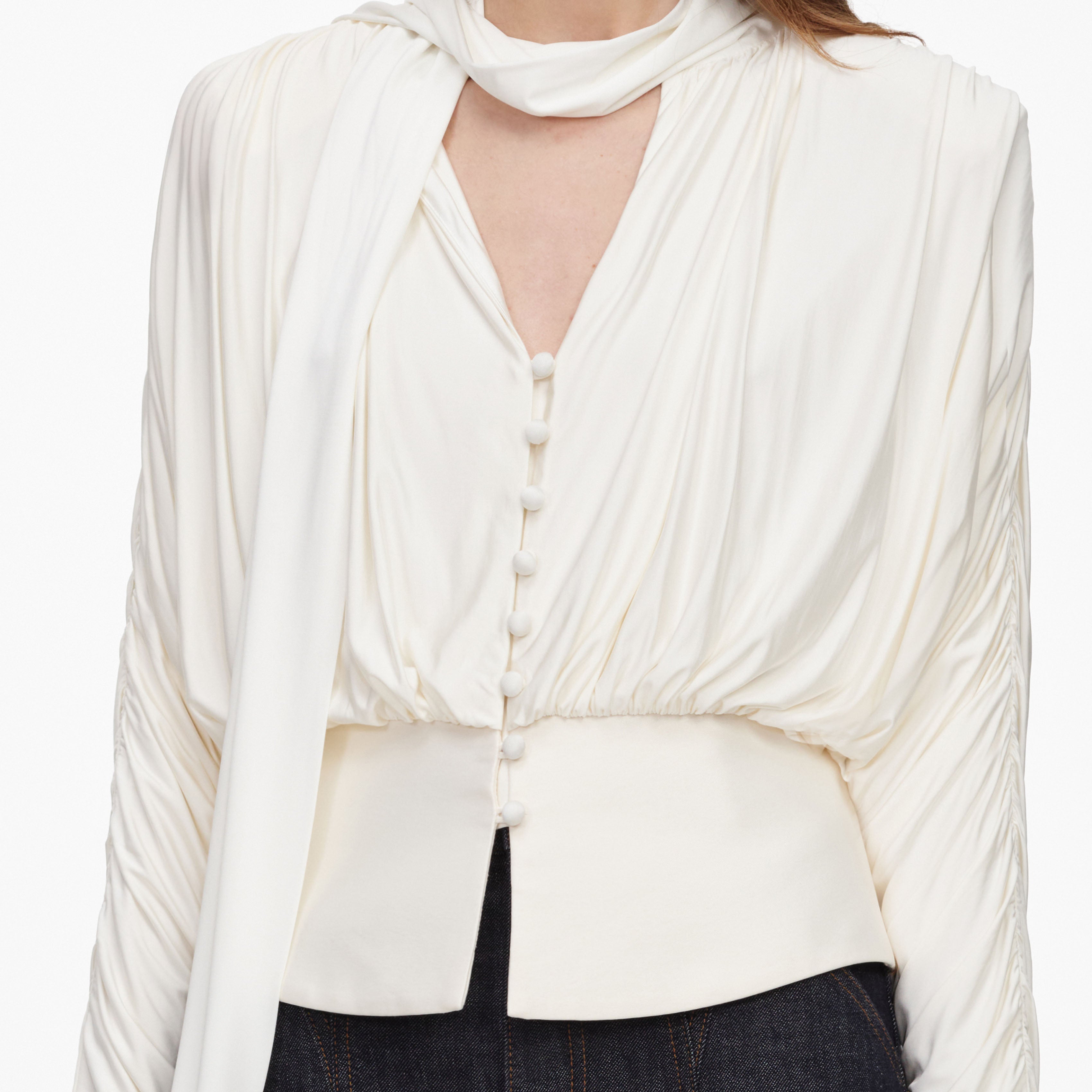 Self Portrait Cream Tie Neck Jersey Top Creme Viskose