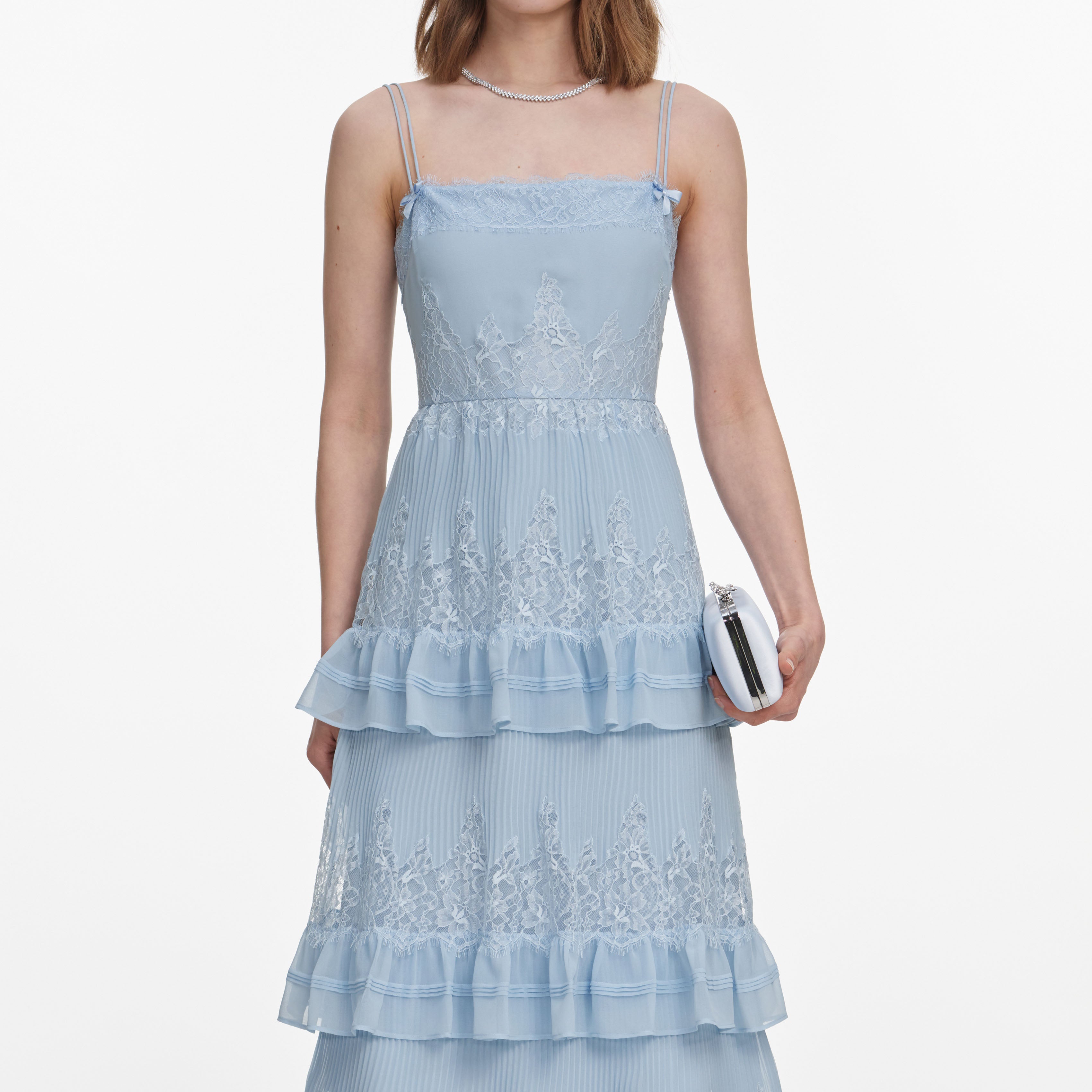 Self Portrait Chiffon Spitze Stufenkleid Midi blau UK 8