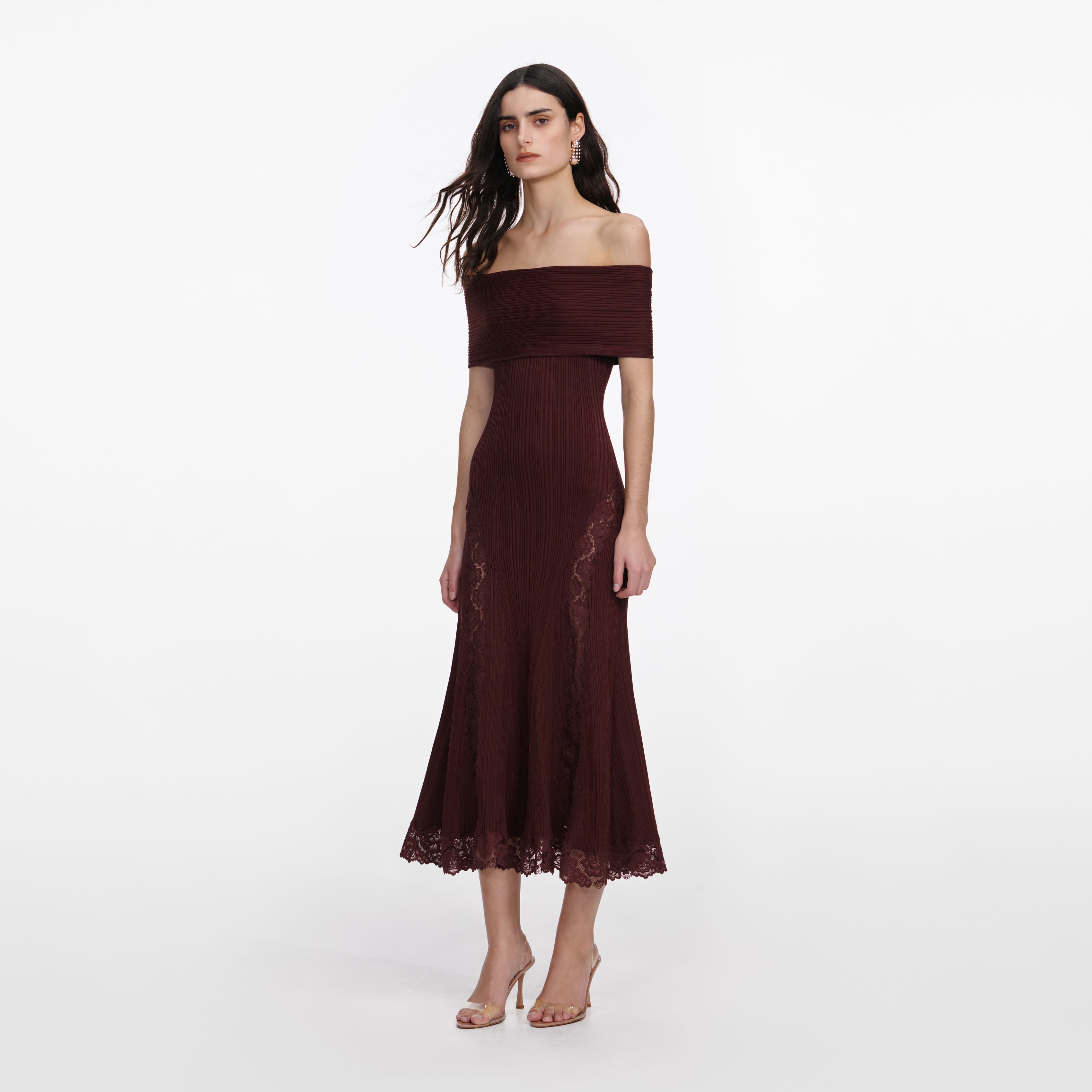 Self Portrait Dresses Burgundy Knit Midi Dress Bordeaux Spitze