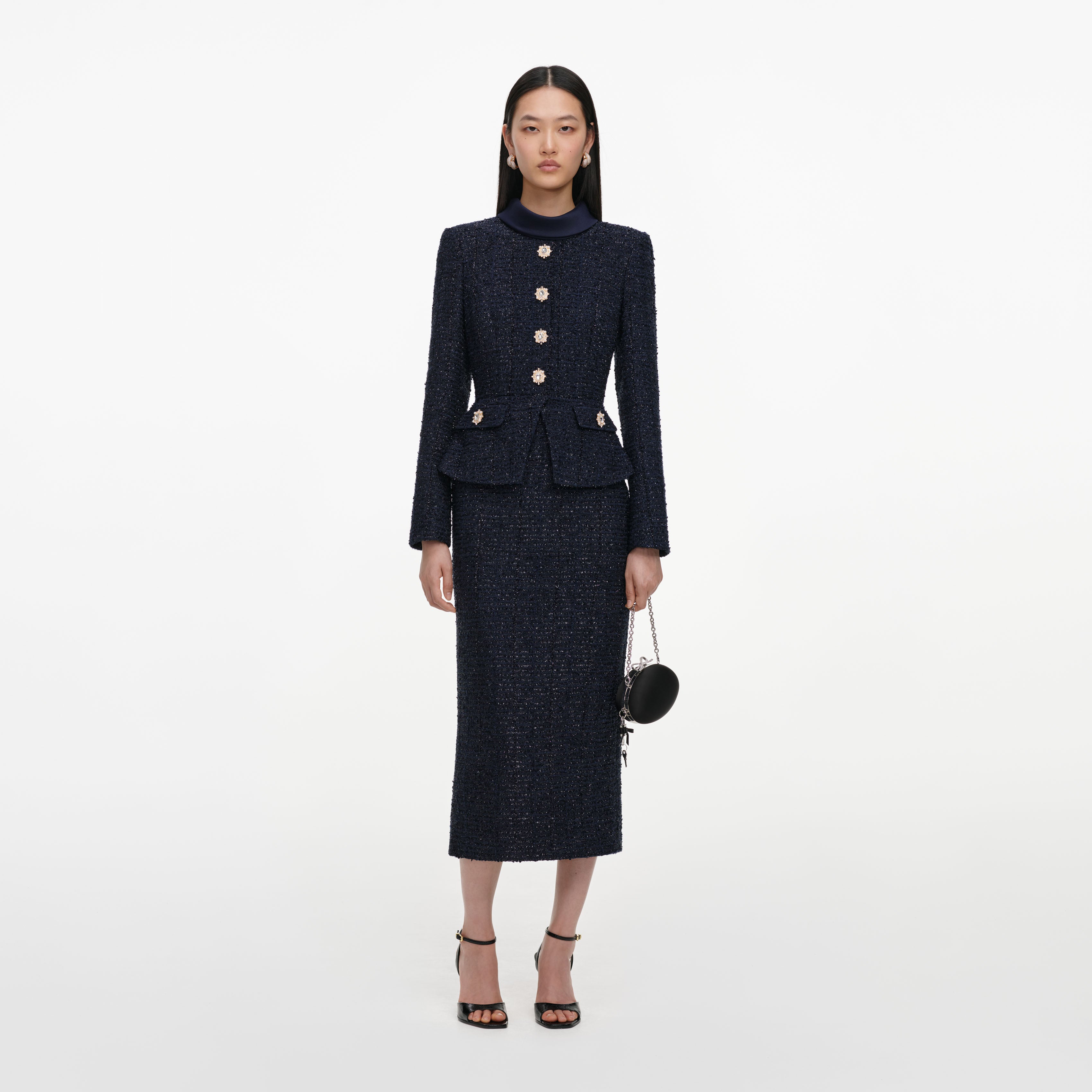 Self Portrait Navy Boucle Tailored Midi Kleid Navy Boucle