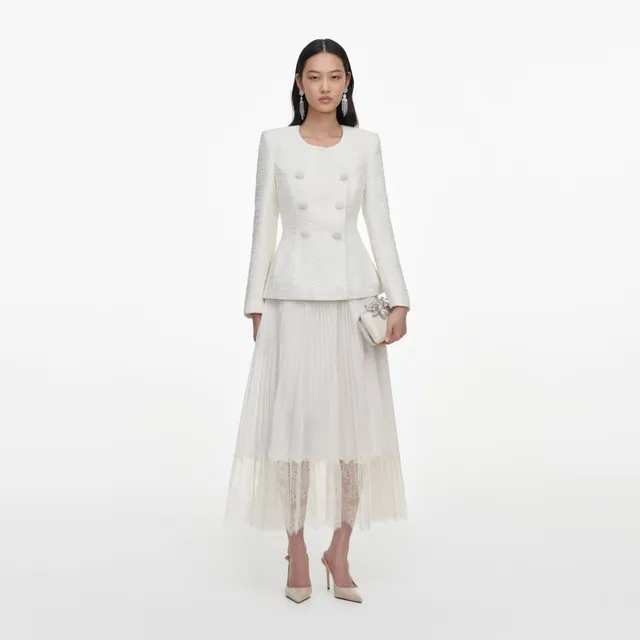 Self Portrait Cream Boucle Wrap Midi Kleid Creme Wickel