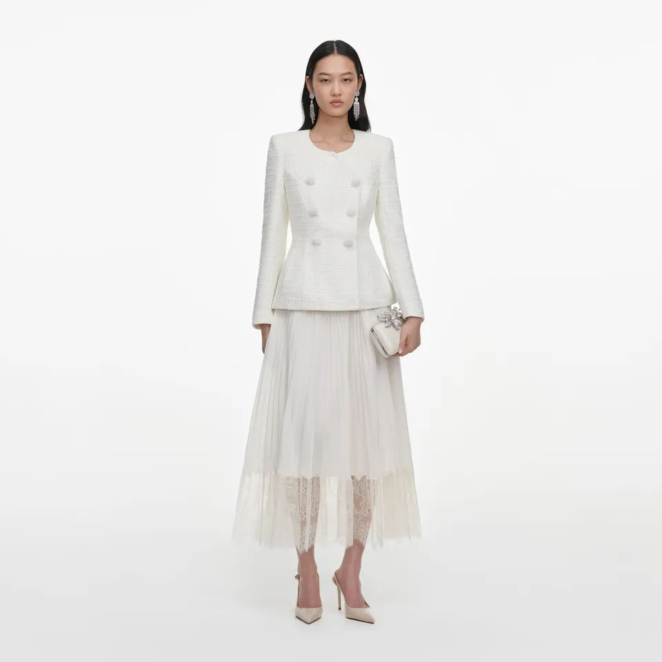 Self Portrait Cream Boucle Wrap Midi Kleid Creme Wickel