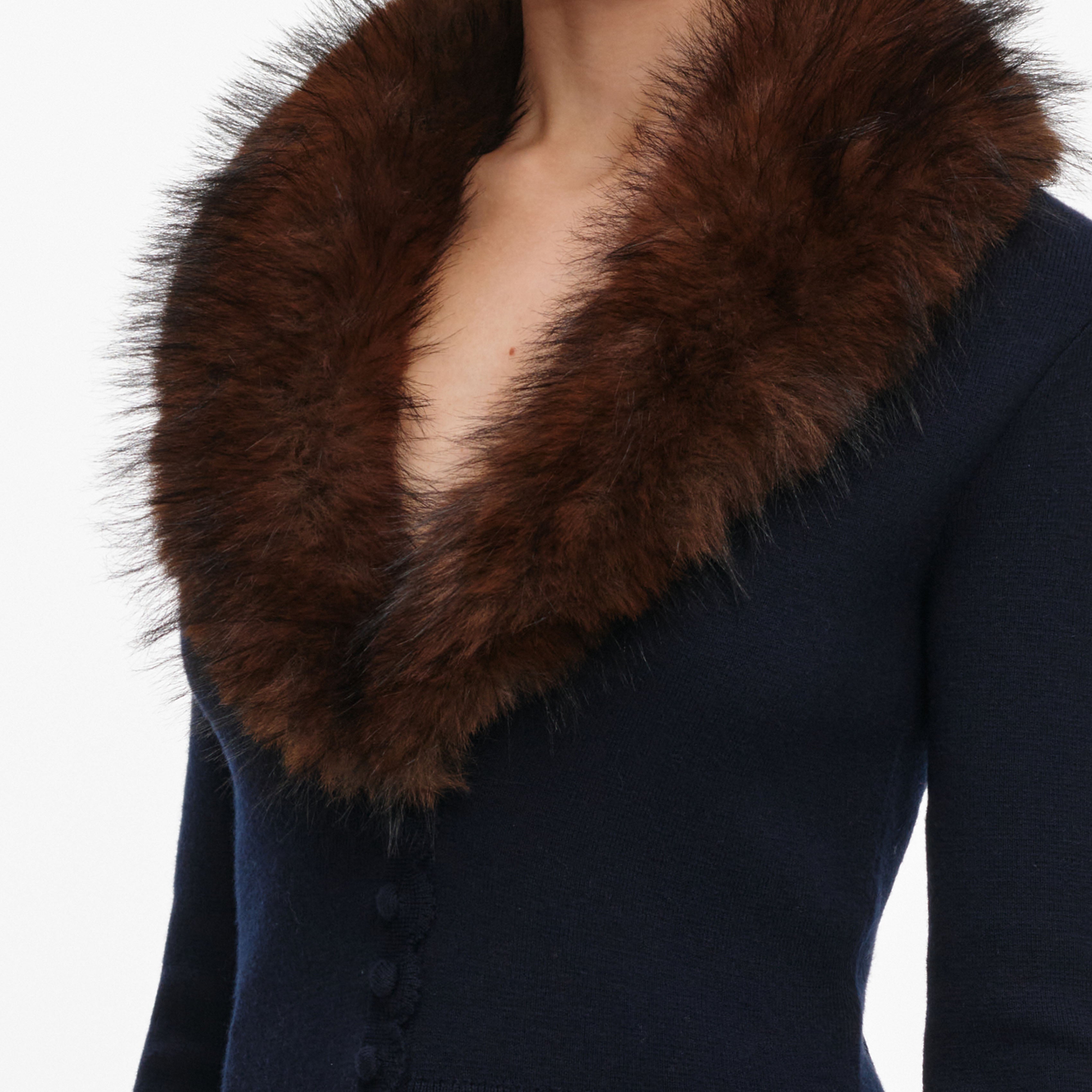 Self Portrait Faux Fur Cardigan Strick Navy S