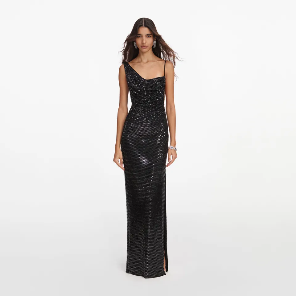Self Portrait Black Rhinestone Draped Maxi Dress Schwarz