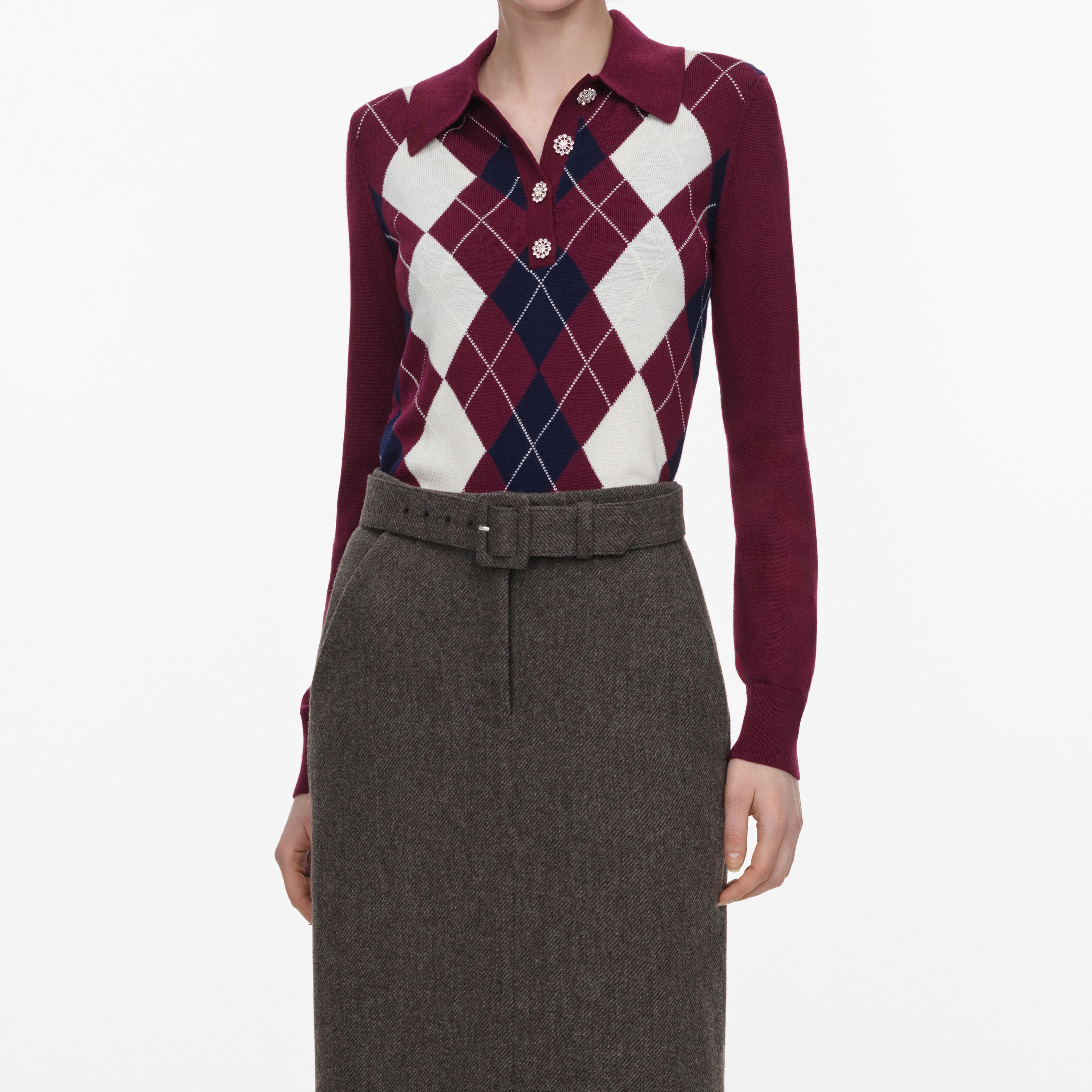 Self Portrait Knitwear Pullover Bordeaux Argyle Leicht