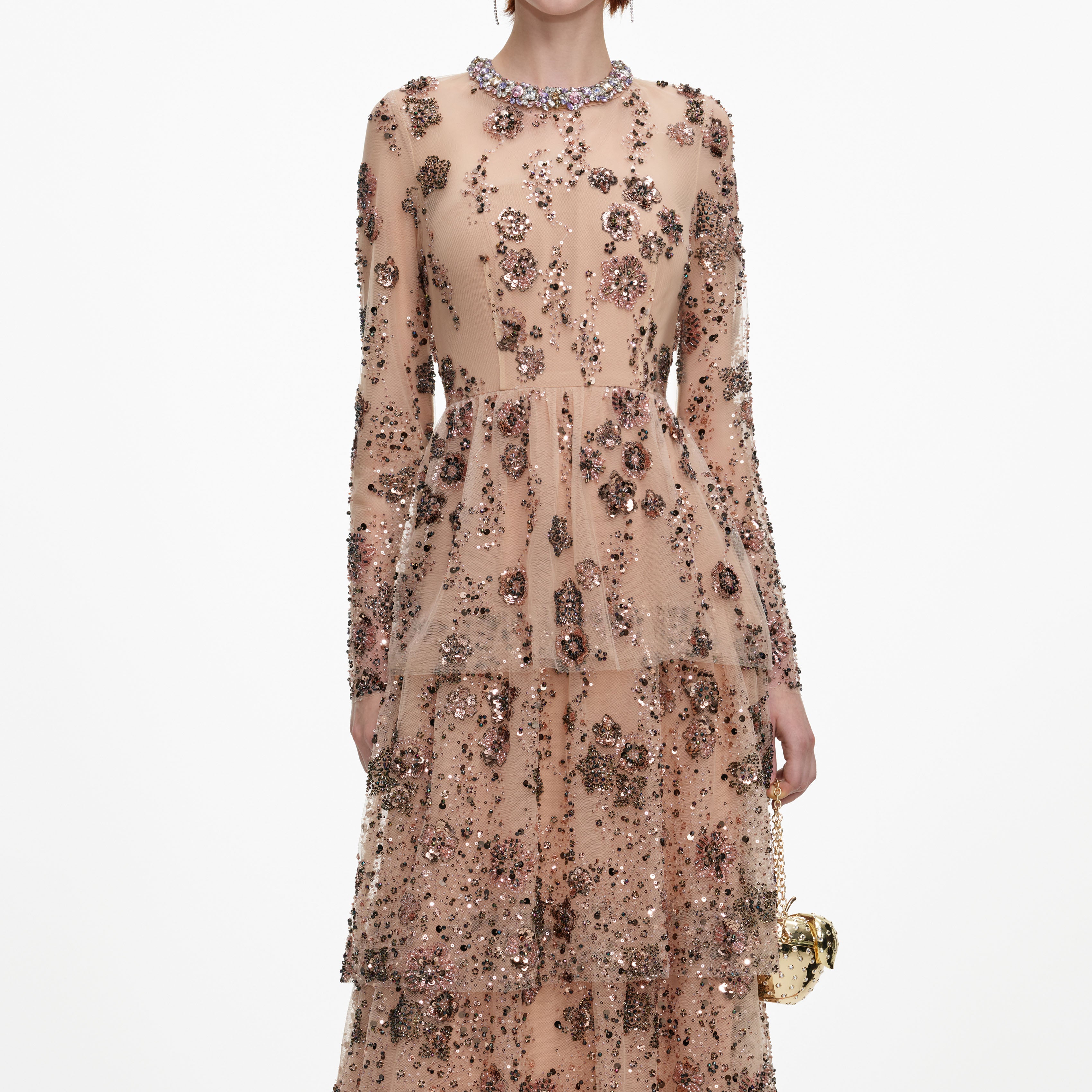 Self Portrait Beige Sequin Maxi Kleid Beige Pailletten