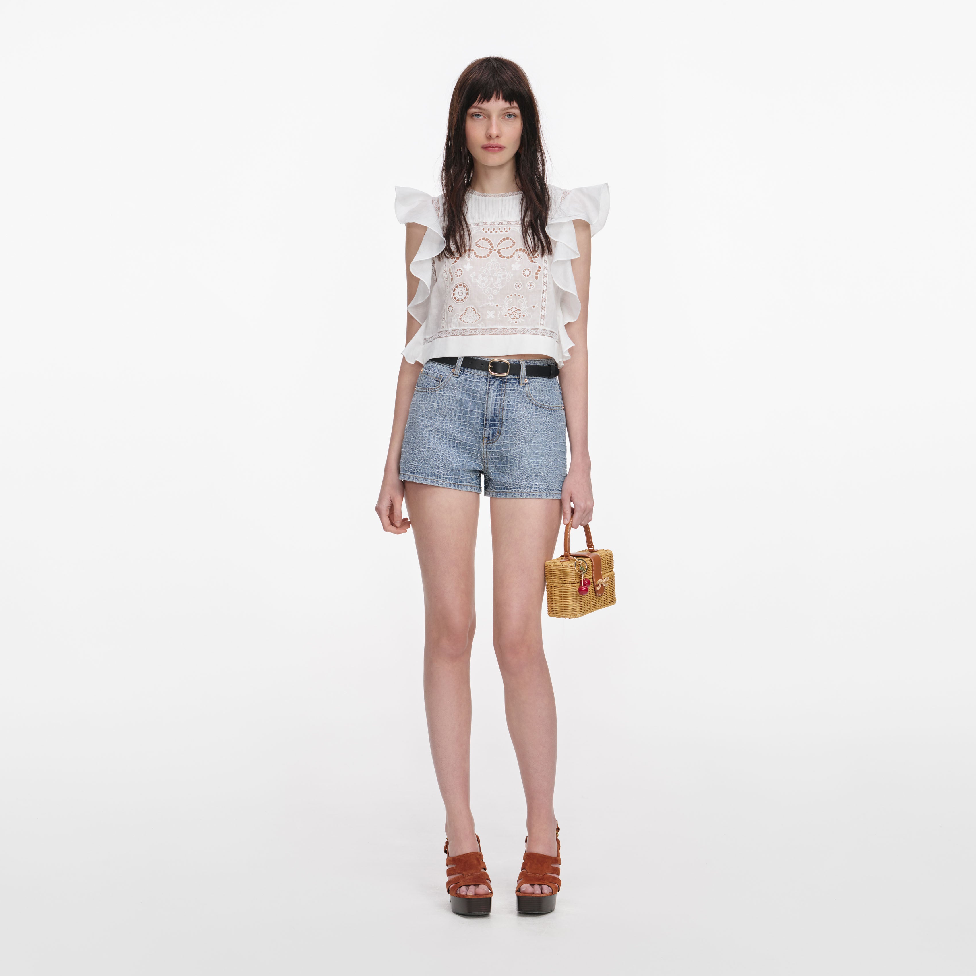 Self Portrait Ramie Lace Top Bluse Weiß Rüschen Cropped