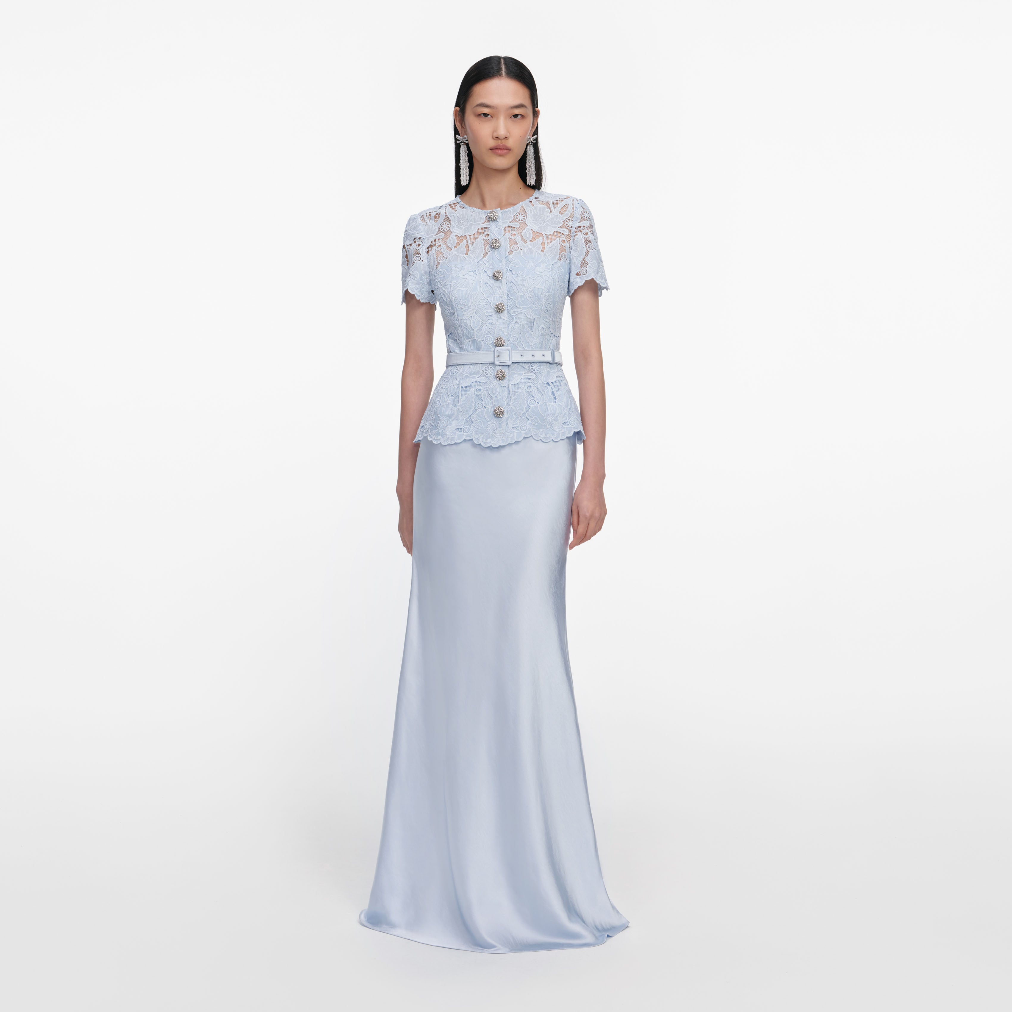 Self Portrait Blue Lace Satin Maxikleid Blau