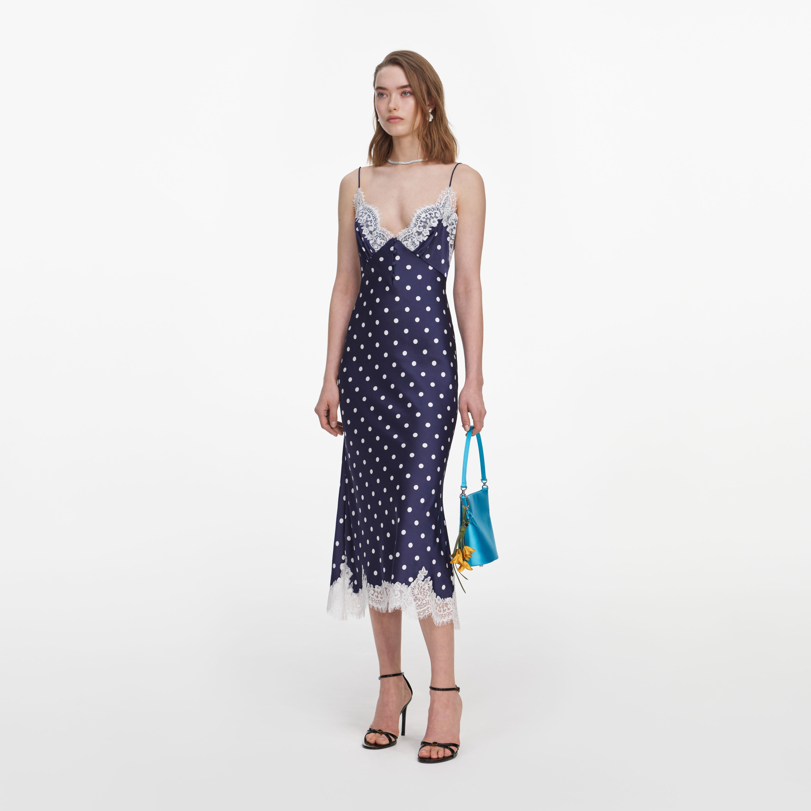 Self Portrait Satin Polka Dot Midi Kleid navy Punkte