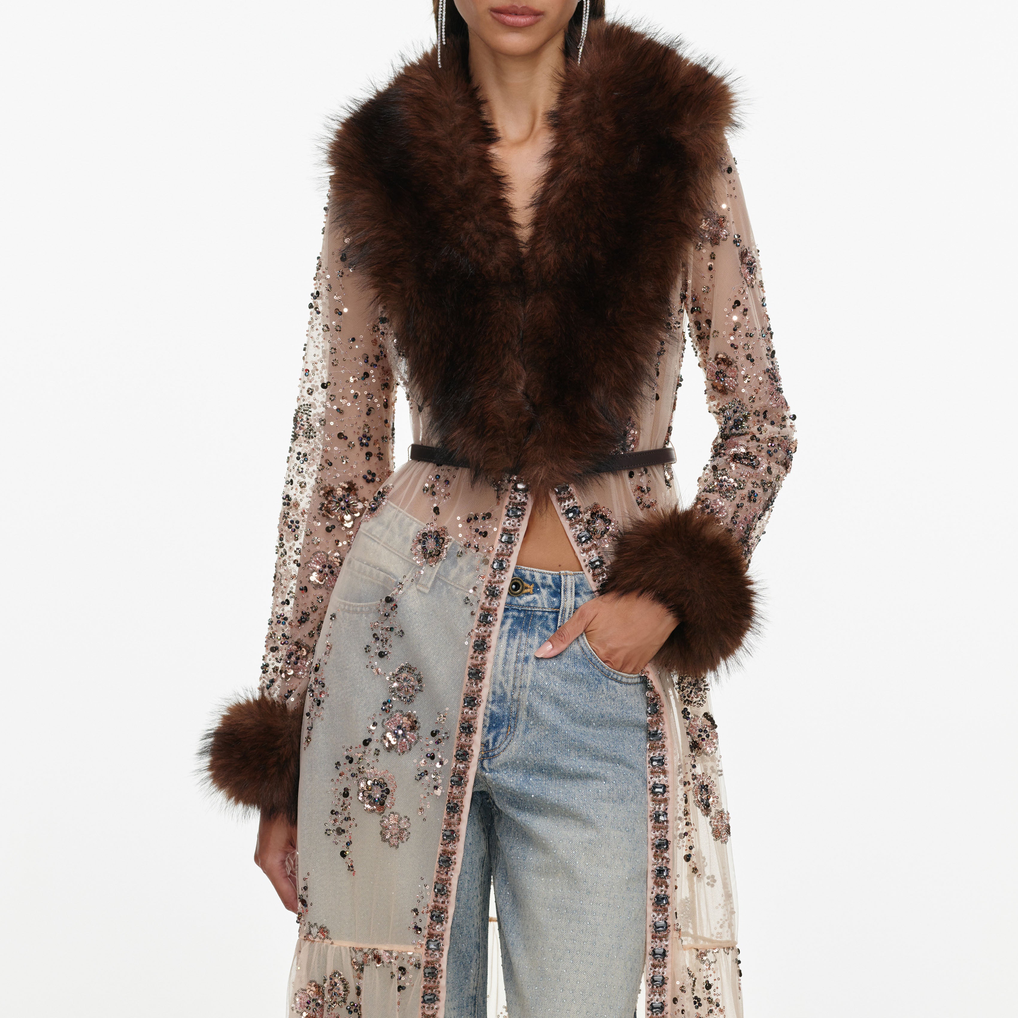 Self Portrait Beige Sequin Fur Maxi Kleid Beige Strass