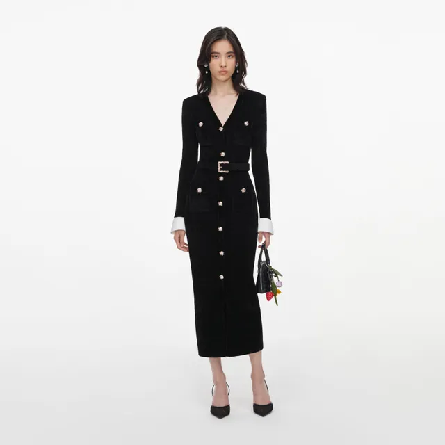 Self Portrait Chenille Midi Strickkleid Schwarz S