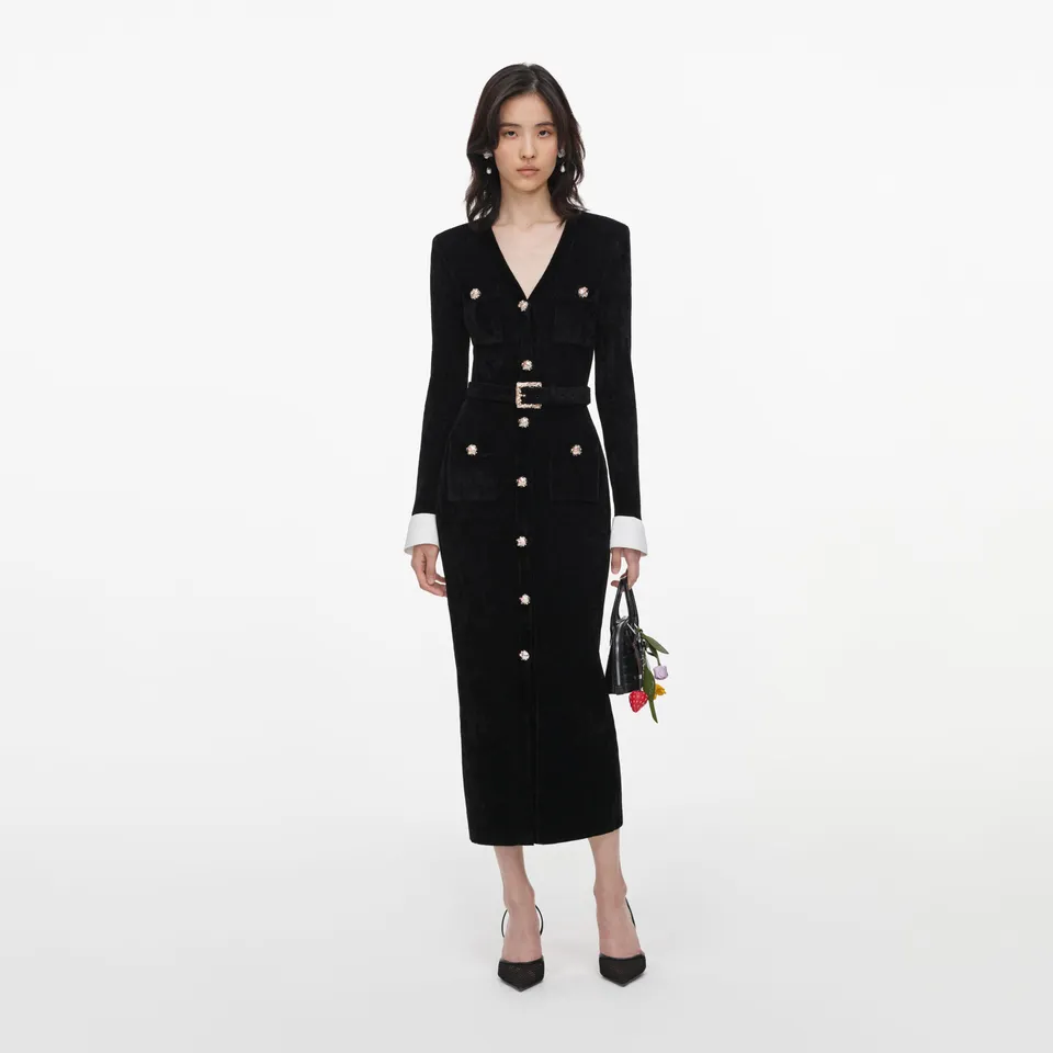 Self Portrait Chenille Midi Strickkleid Schwarz S