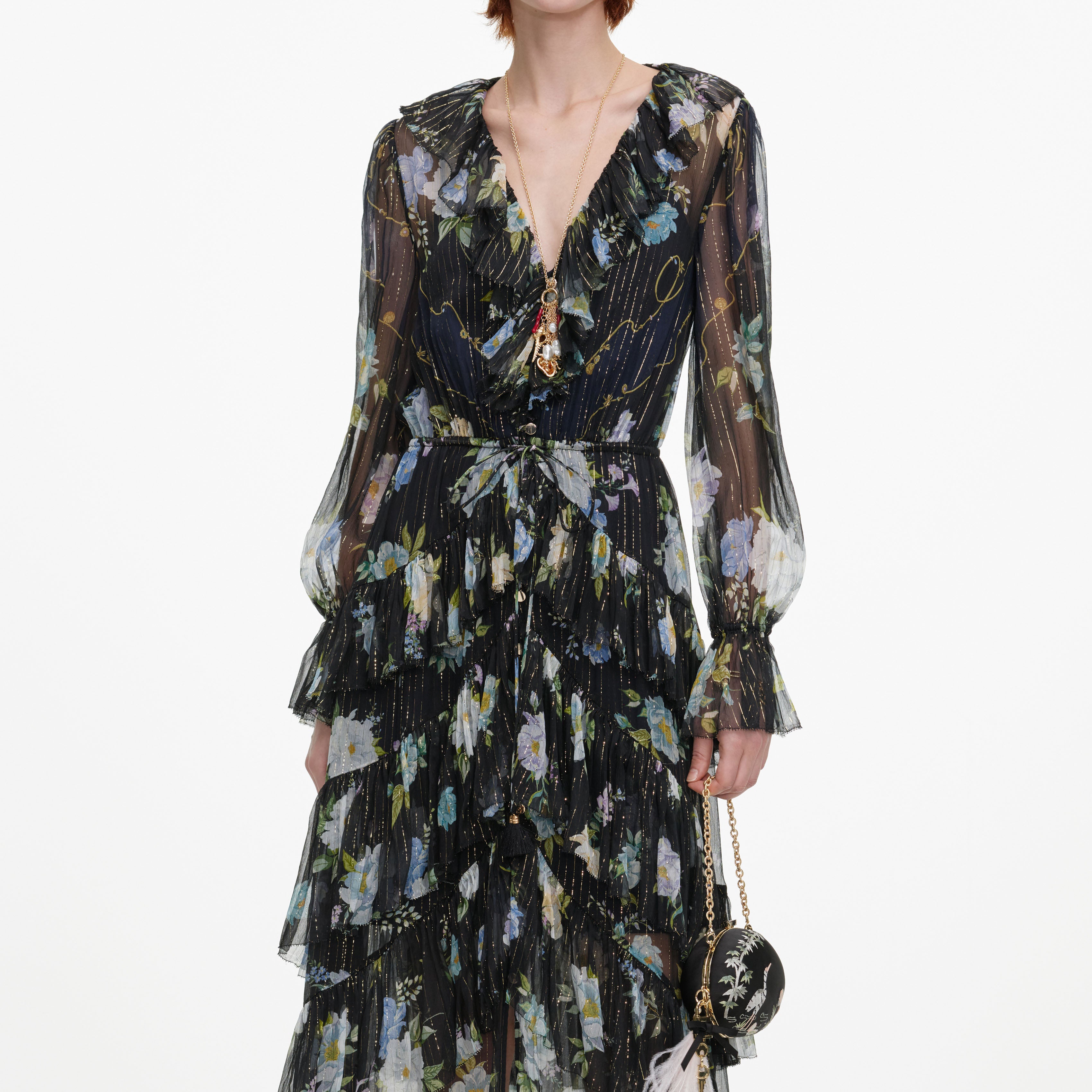 Self Portrait Floral Georgette Maxikleid Navy Blumen