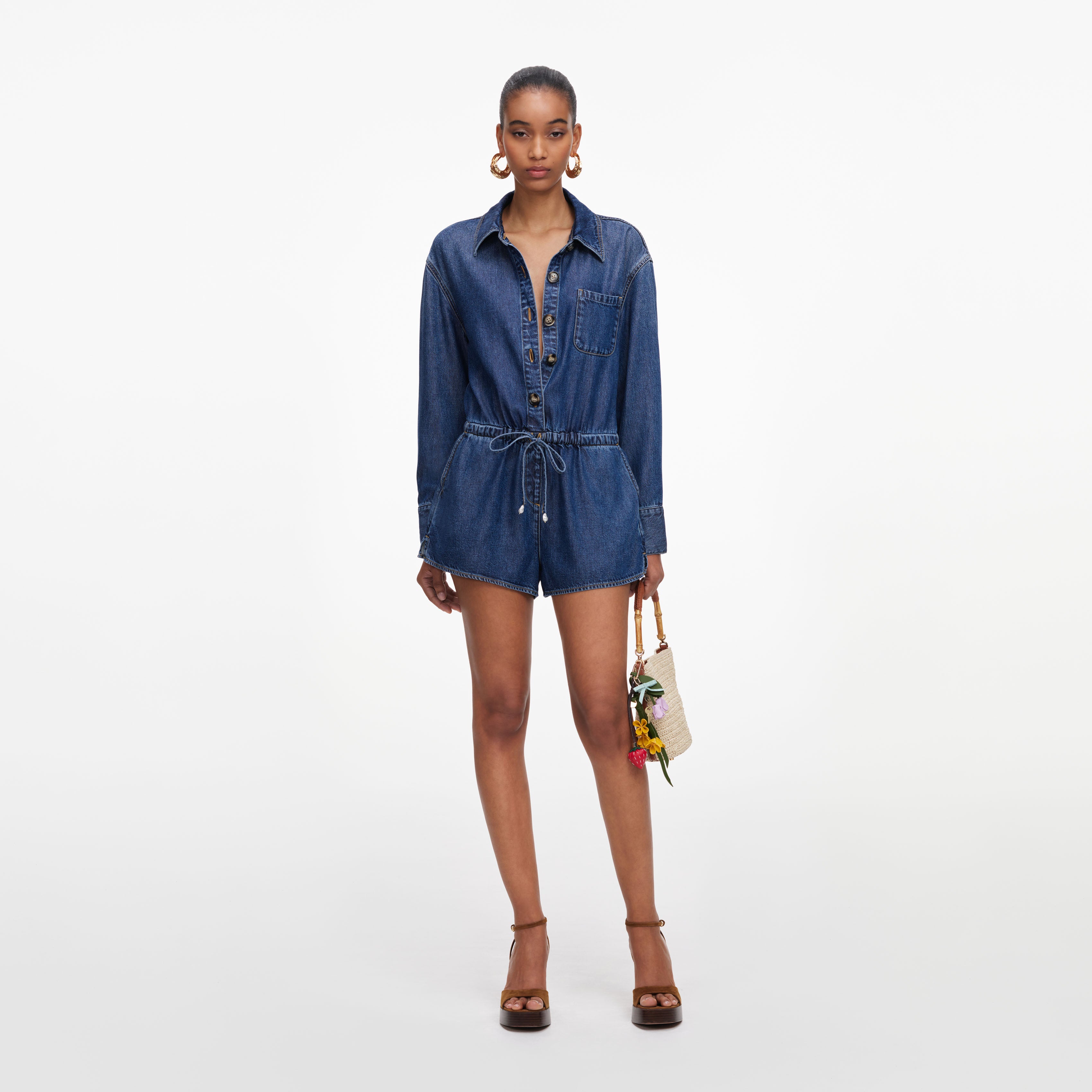 Self Portrait Denim Relaxed Fit Playsuit Jumpsuit Blau