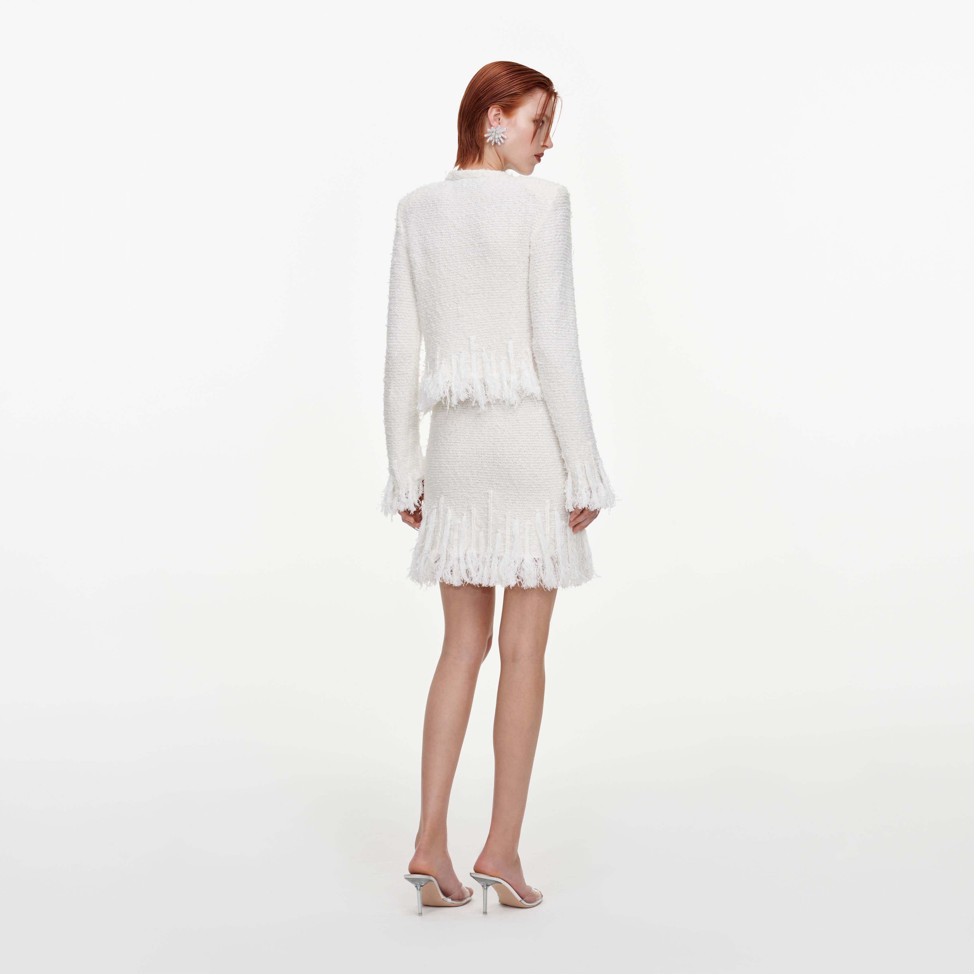 Self Portrait White Fringe Knit Mini Rock Strick Weiß