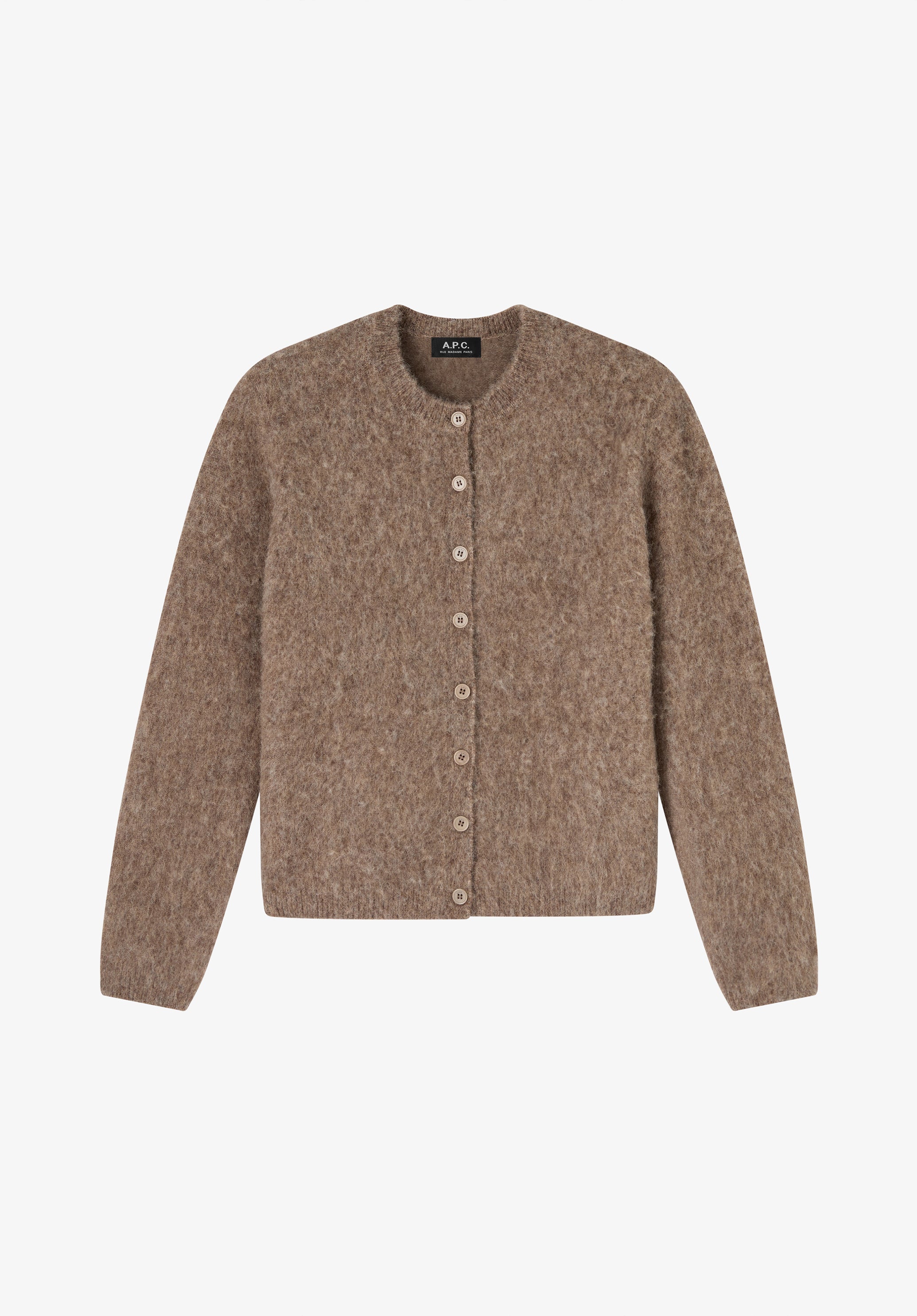 A.P.C. Cardigan Taupe Alpakawolle Rundhals Knöpfe