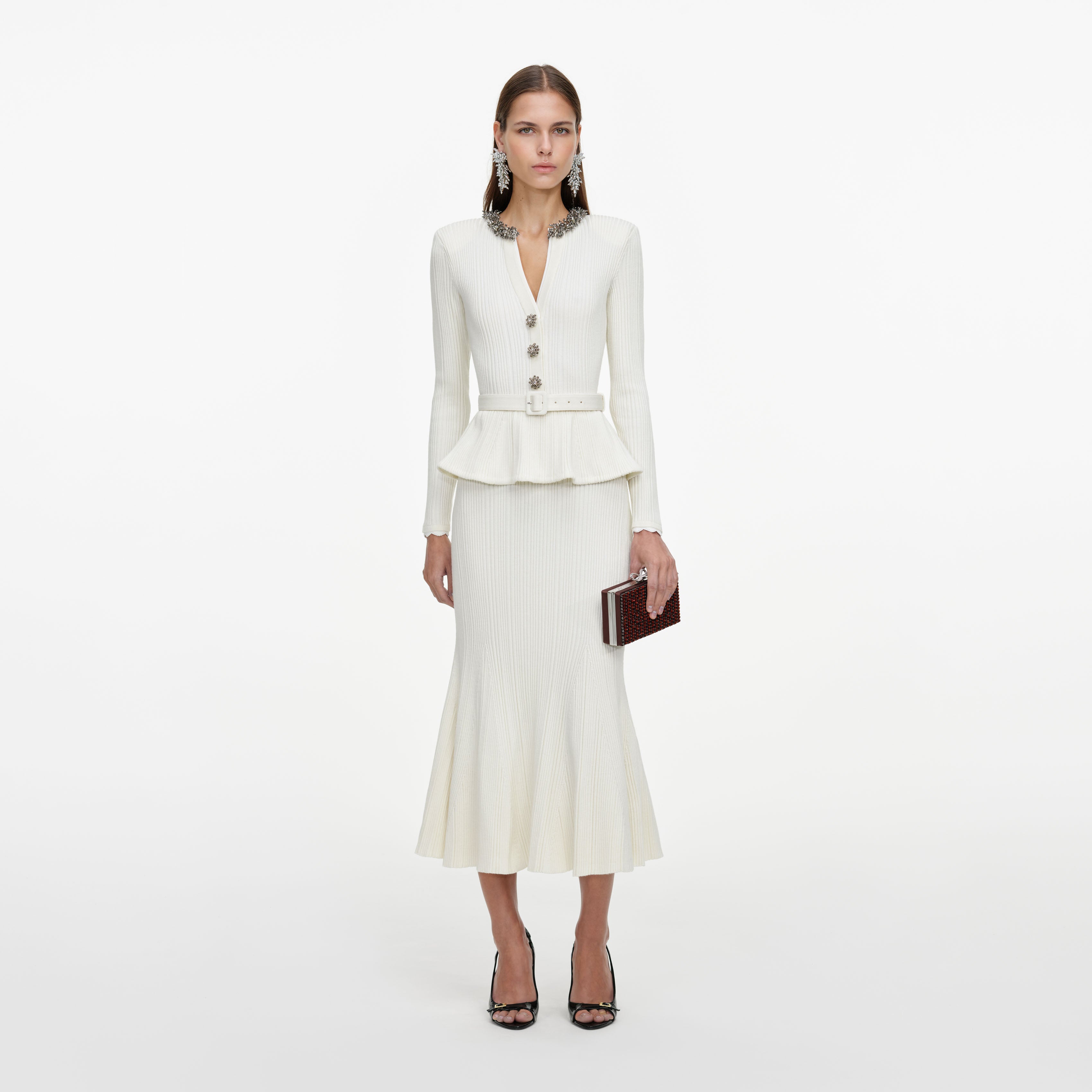 Self Portrait Cream Lurex Rib Knit Midi Kleid Creme Strick