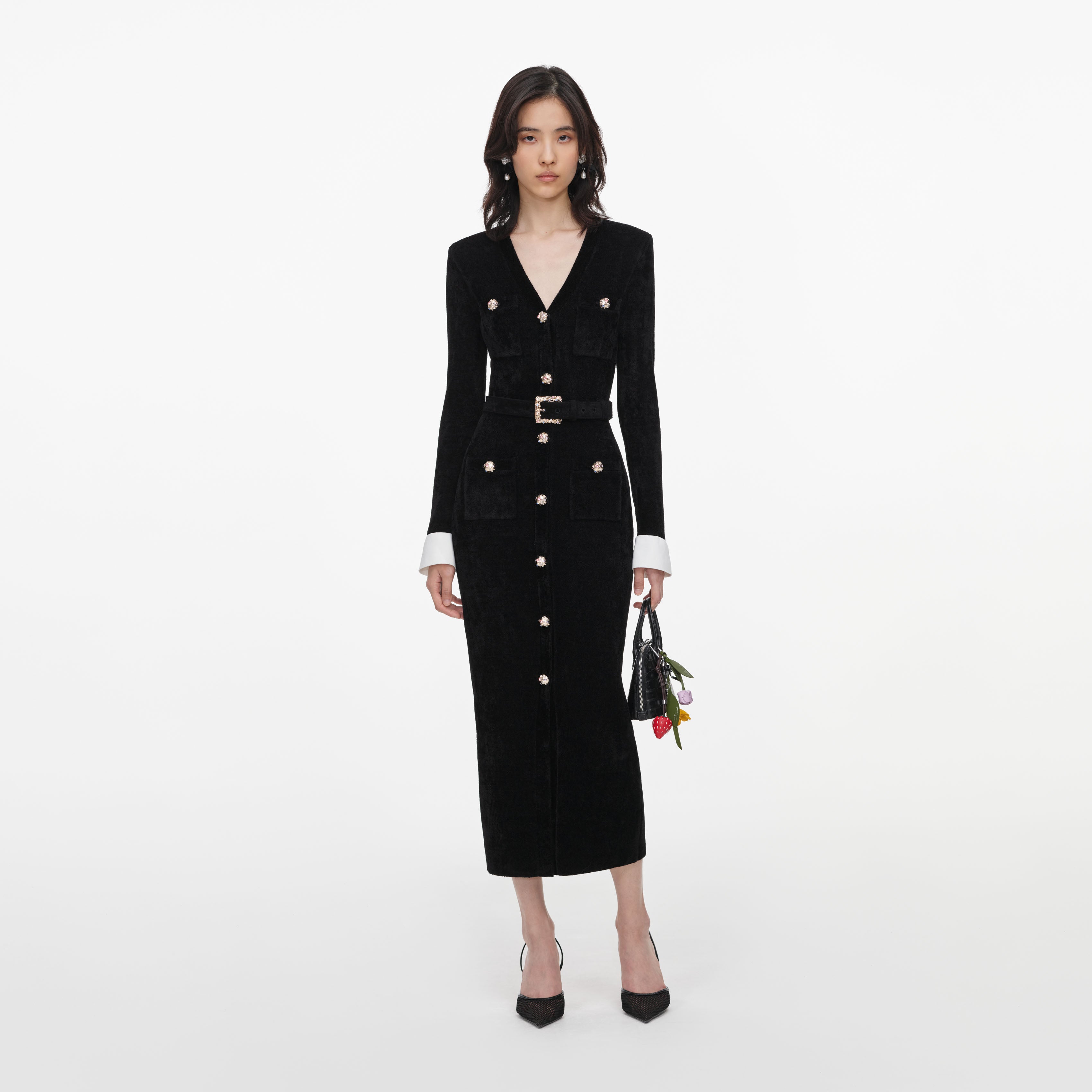 Self Portrait Chenille Midi Strickkleid Schwarz S