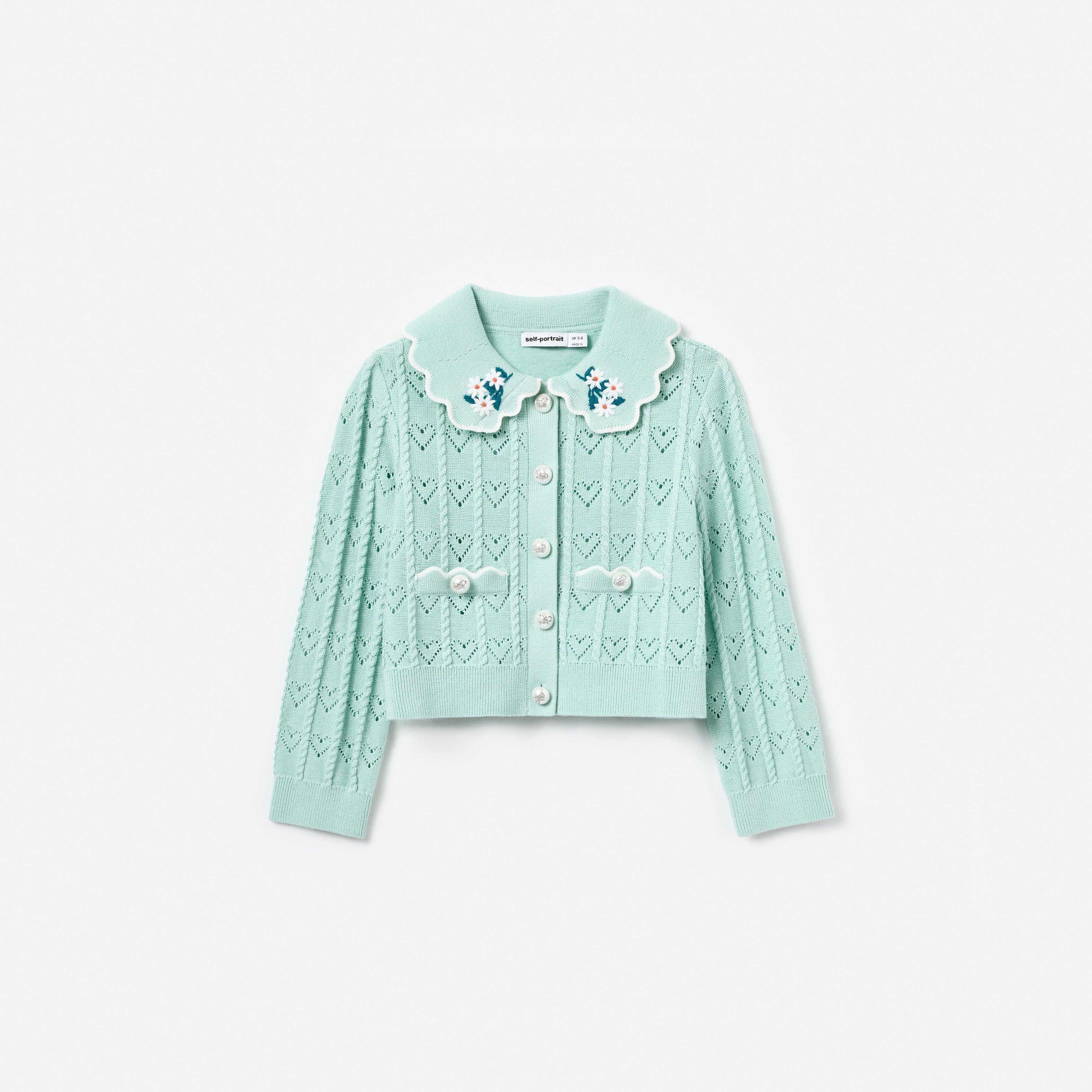Self Portrait Mint Heart Knit Cardigan Mint Kinder Strickjacke