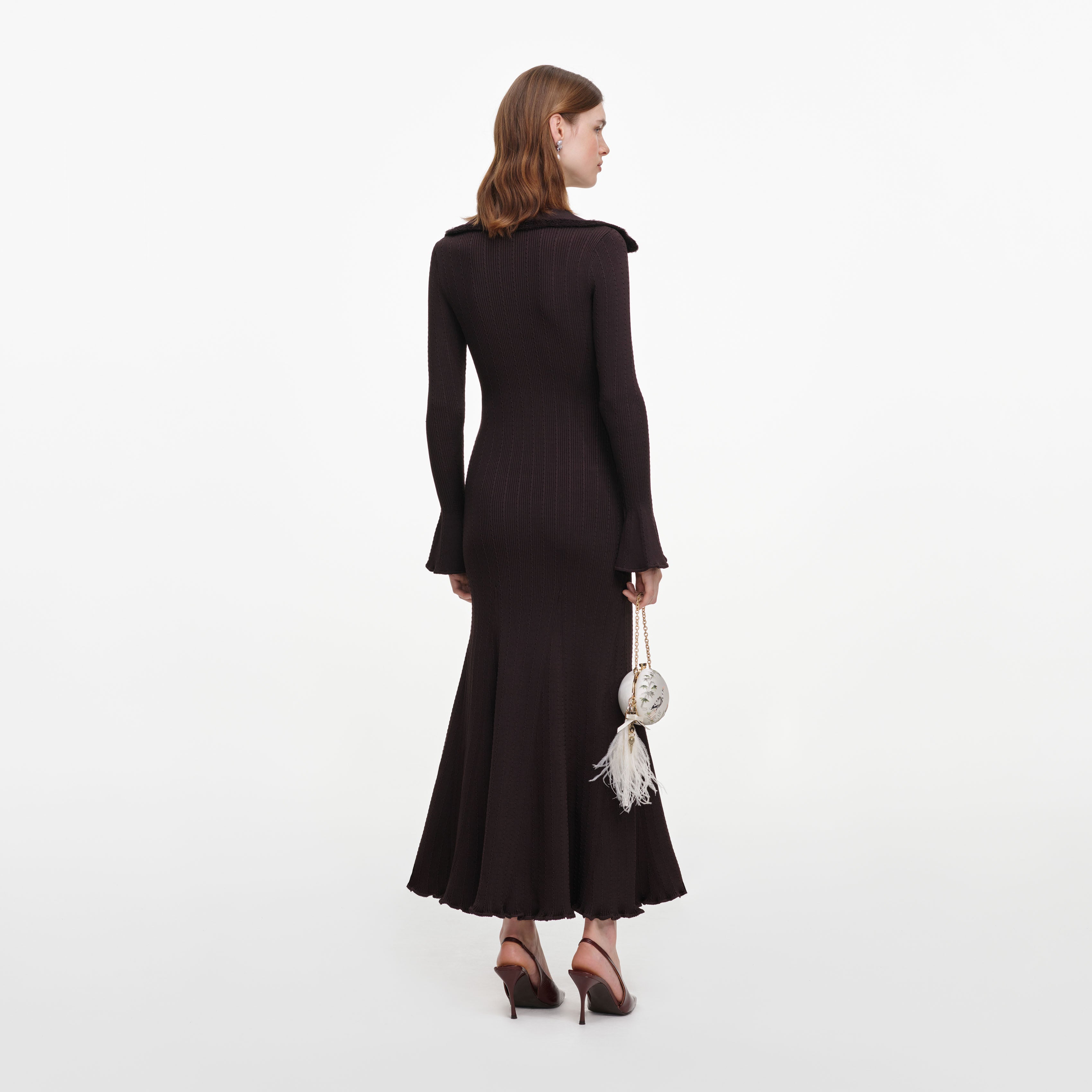 Self Portrait Fringe Strick Midikleid Braun Fransen