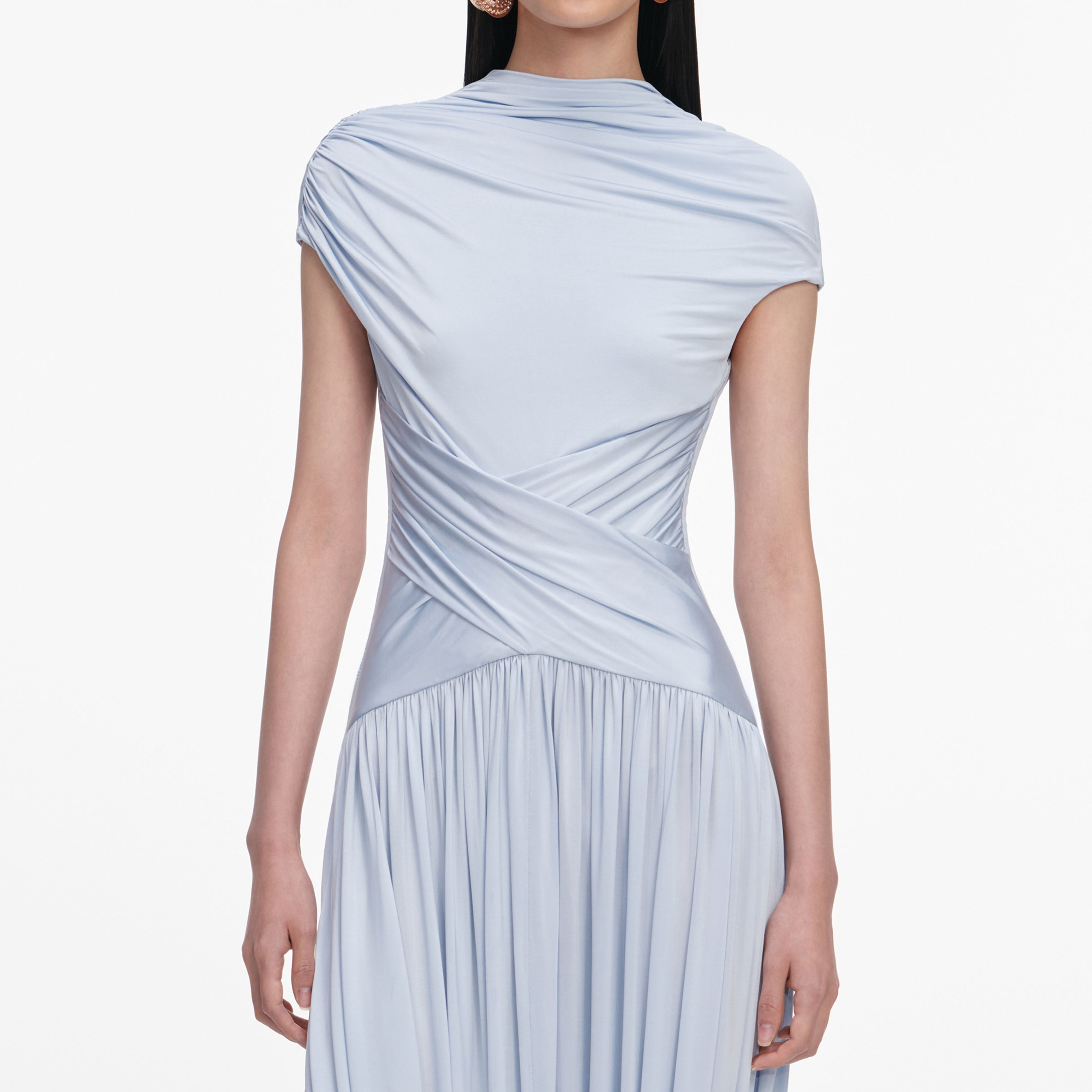 Self Portrait Blue Jersey Gathered Midi Kleid Blau Jersey