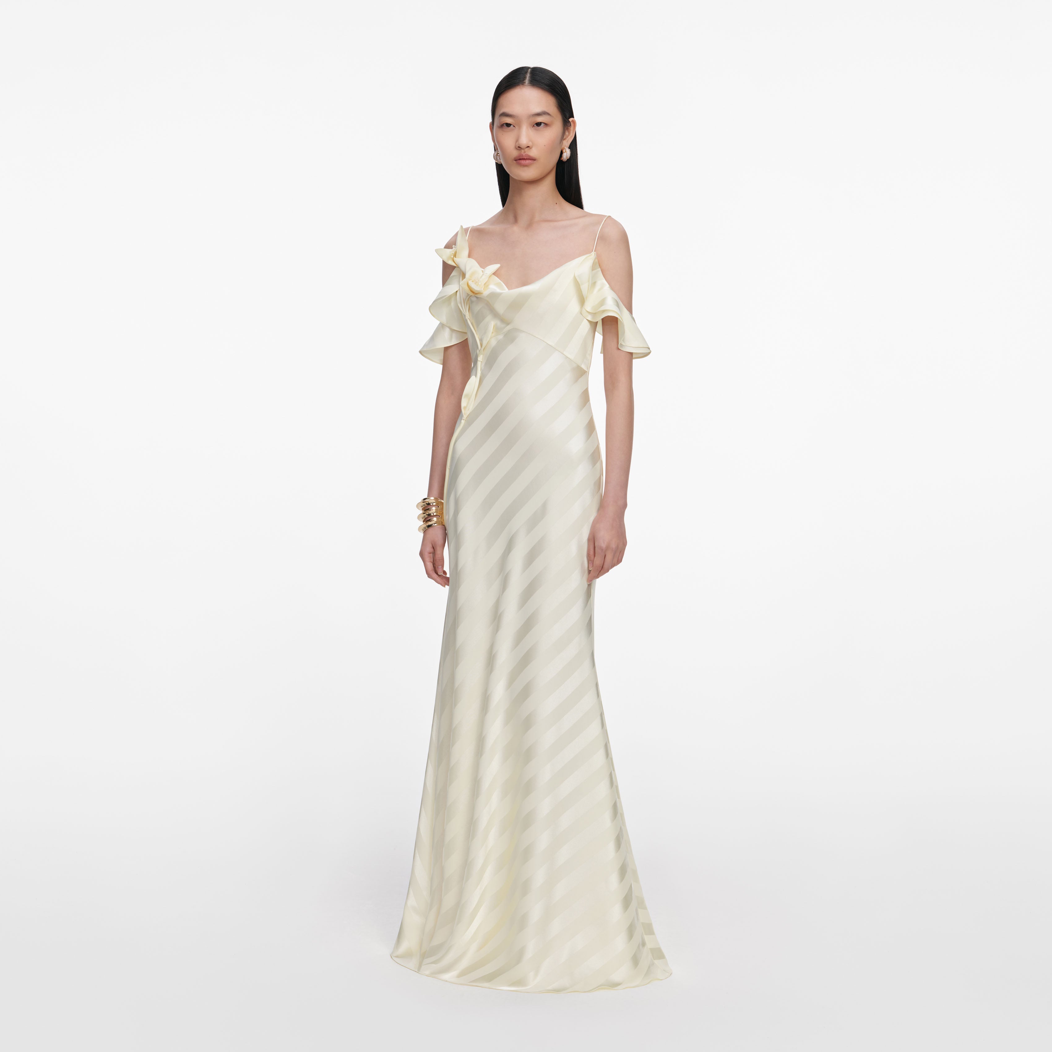 Self Portrait Satin Maxikleid Gelb Streifen Gr. UK 8