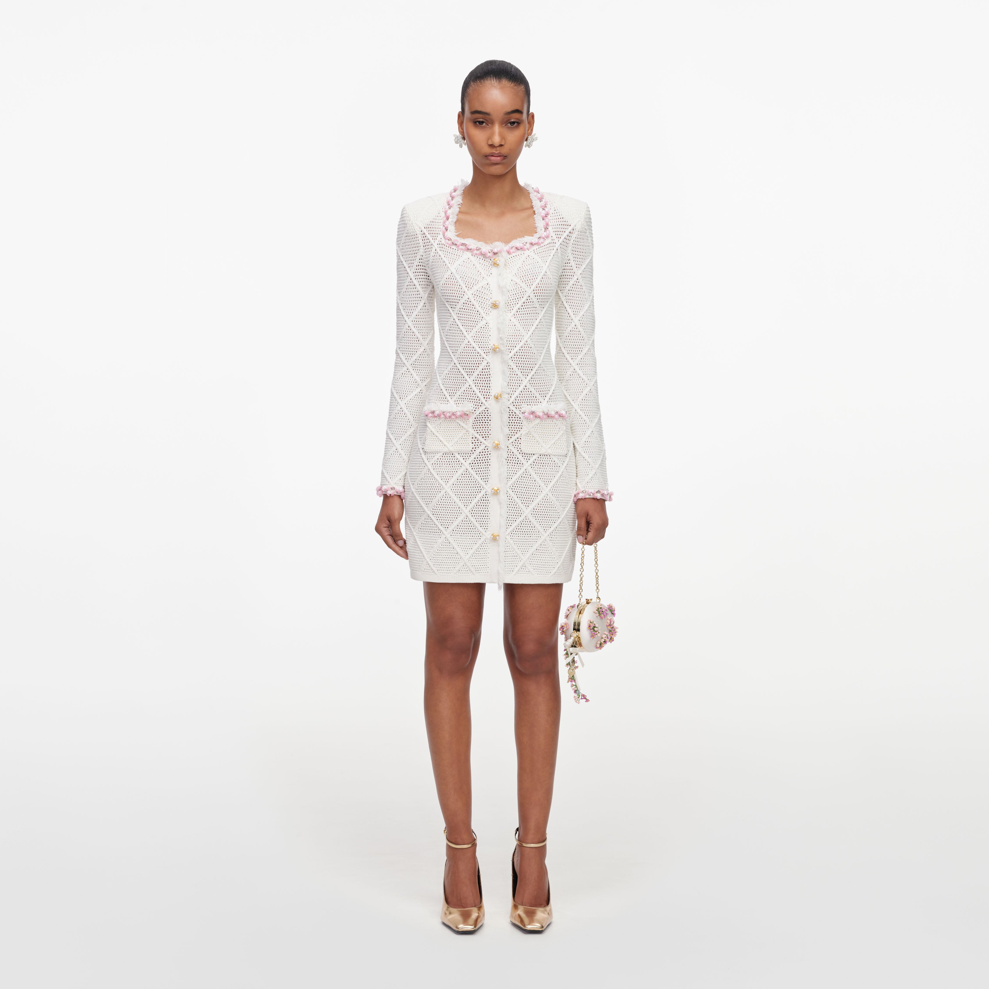 Self Portrait Cream Fringe Strick Mini Kleid Creme