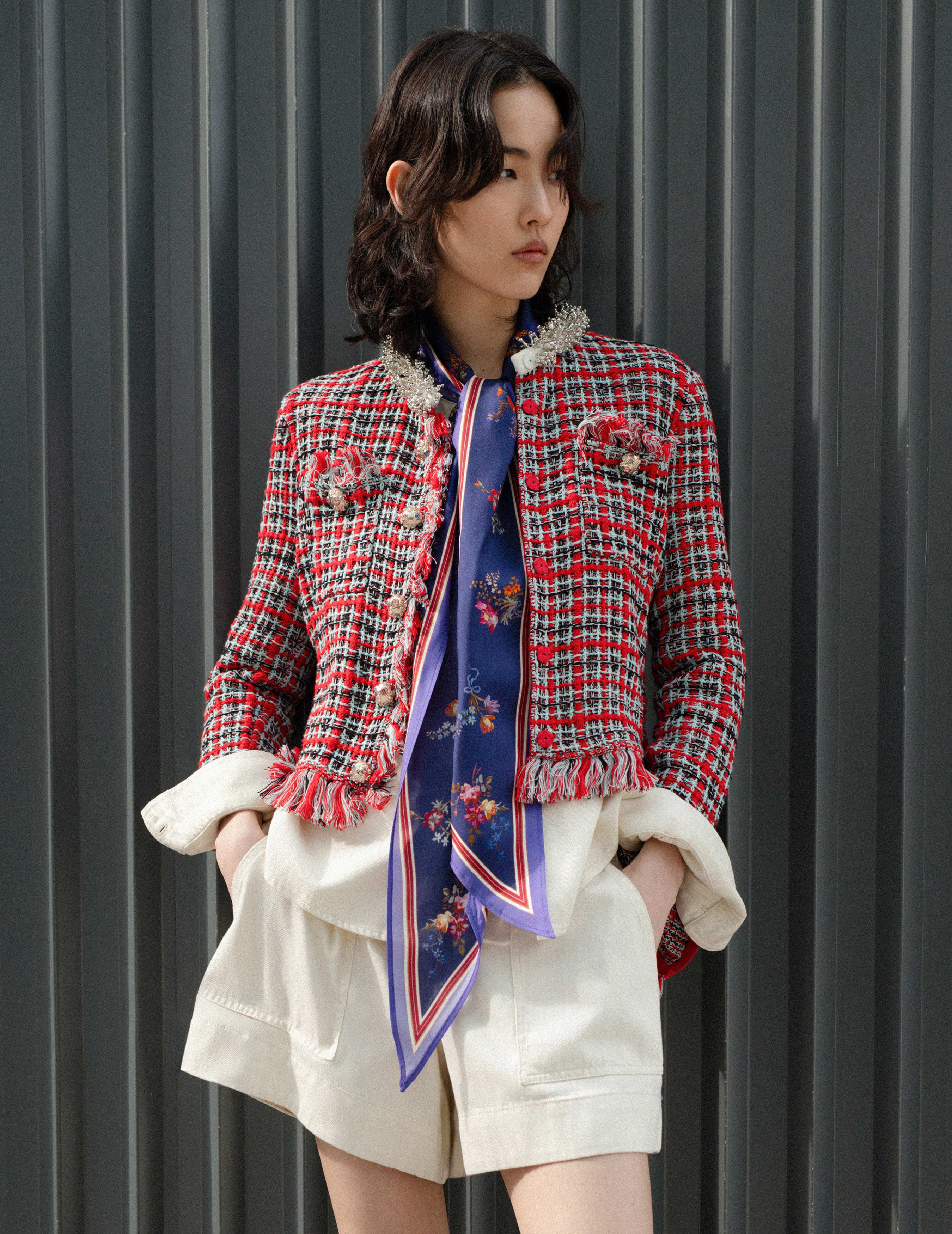 Self Portrait Red Check Frayed Knit Jacke S Rot Karo