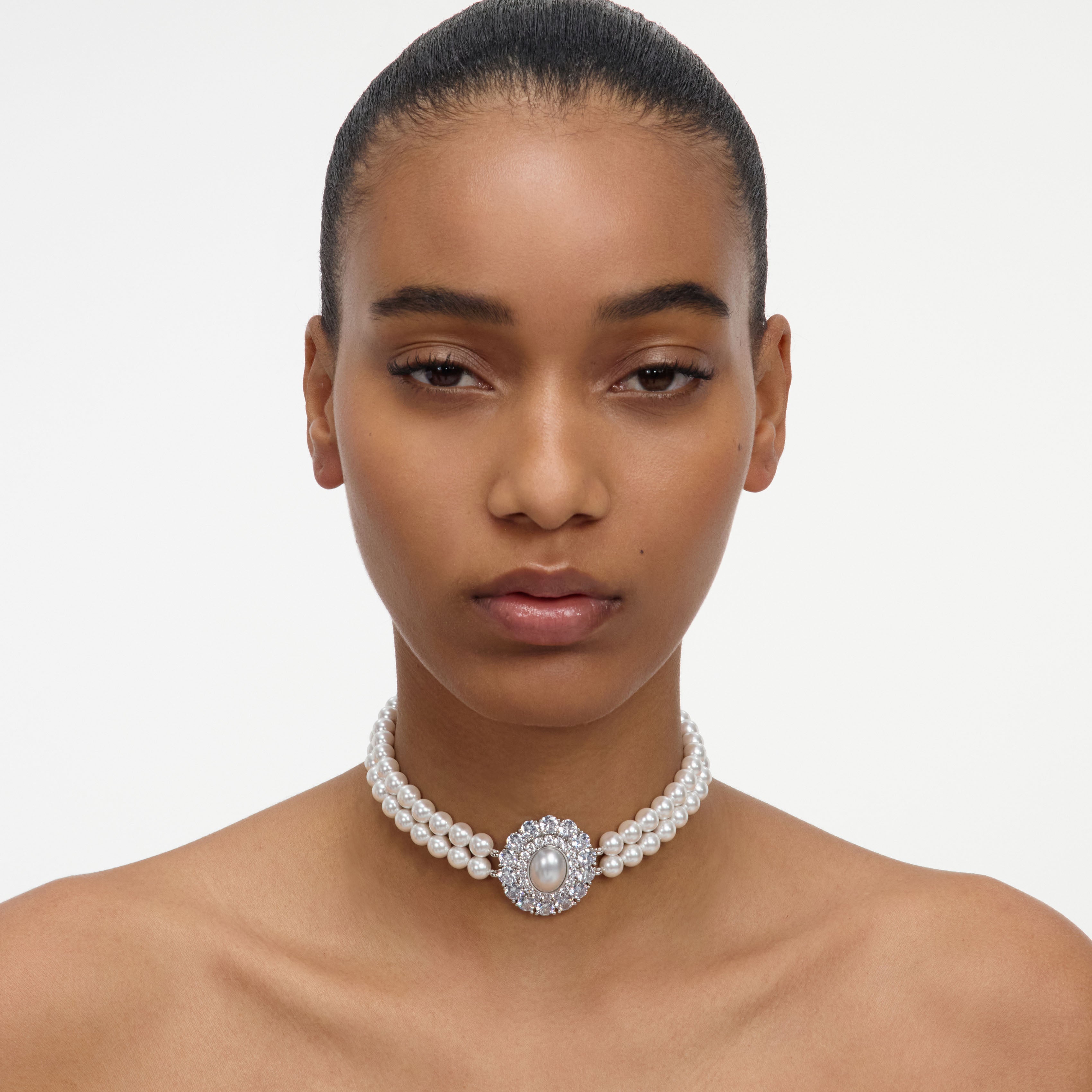 Self Portrait Pearl Crystal Choker Perlenkette Creme One Size