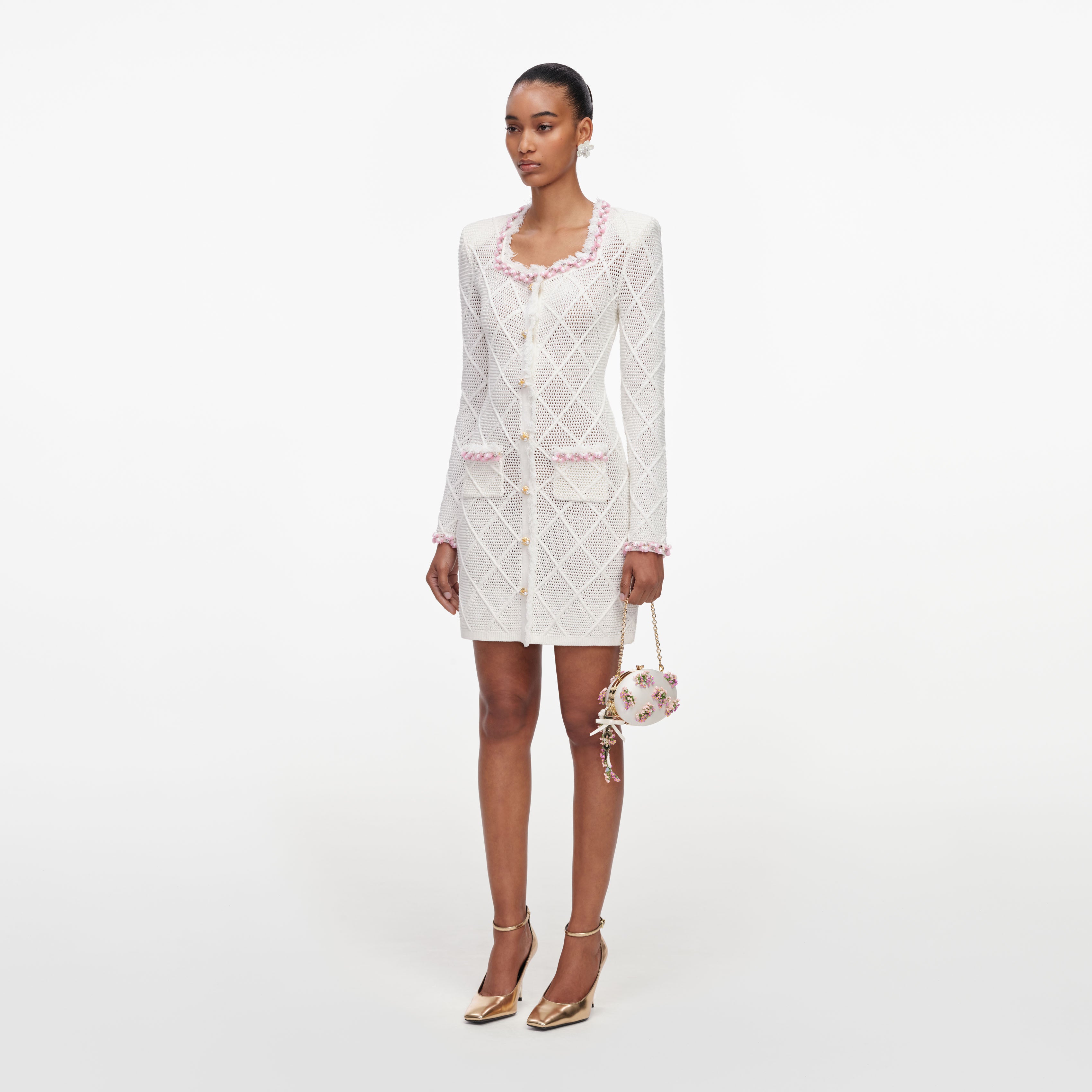 Self Portrait Cream Fringe Strick Mini Kleid Creme
