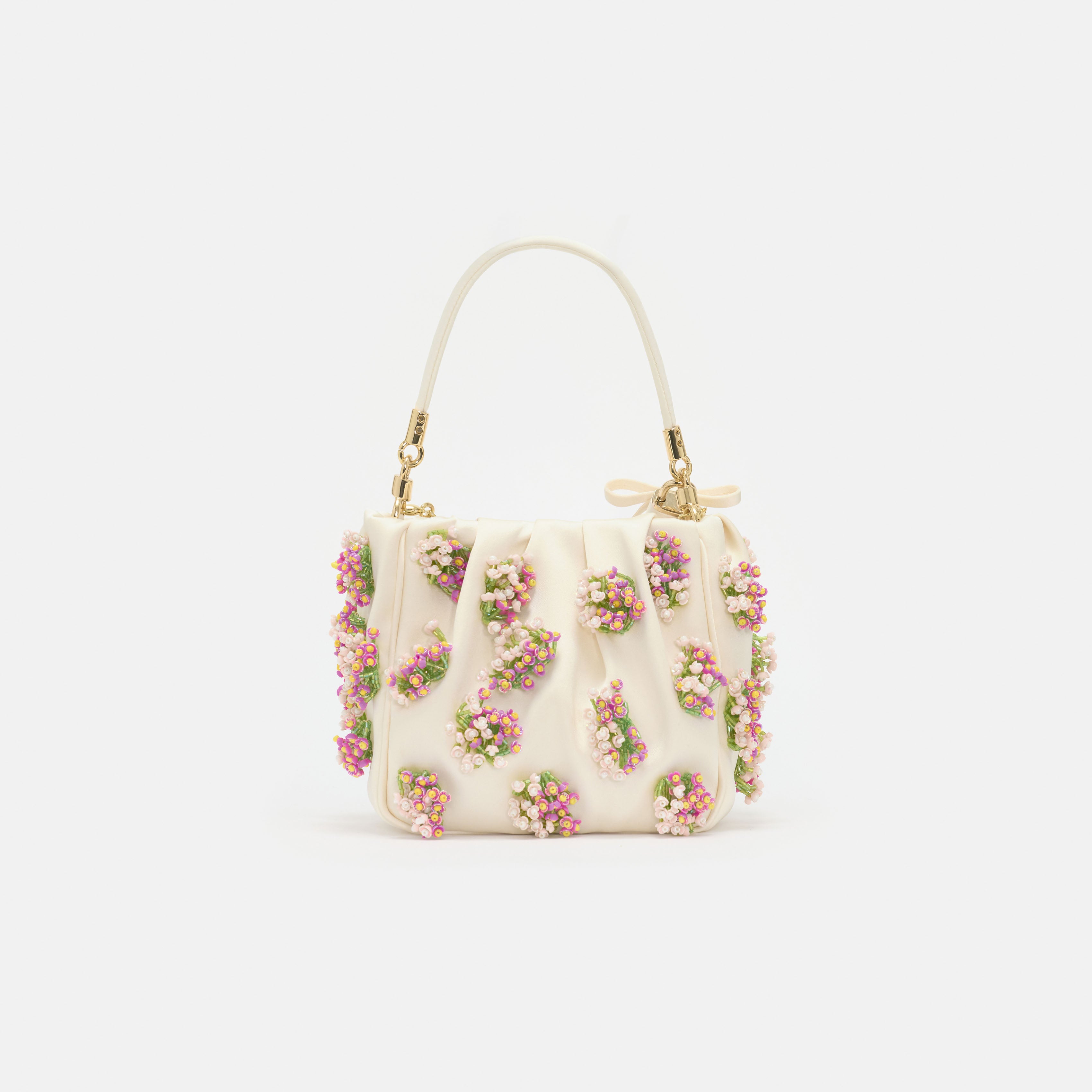 Self Portrait Floral Beaded Tote Bag Satin Creme One Size