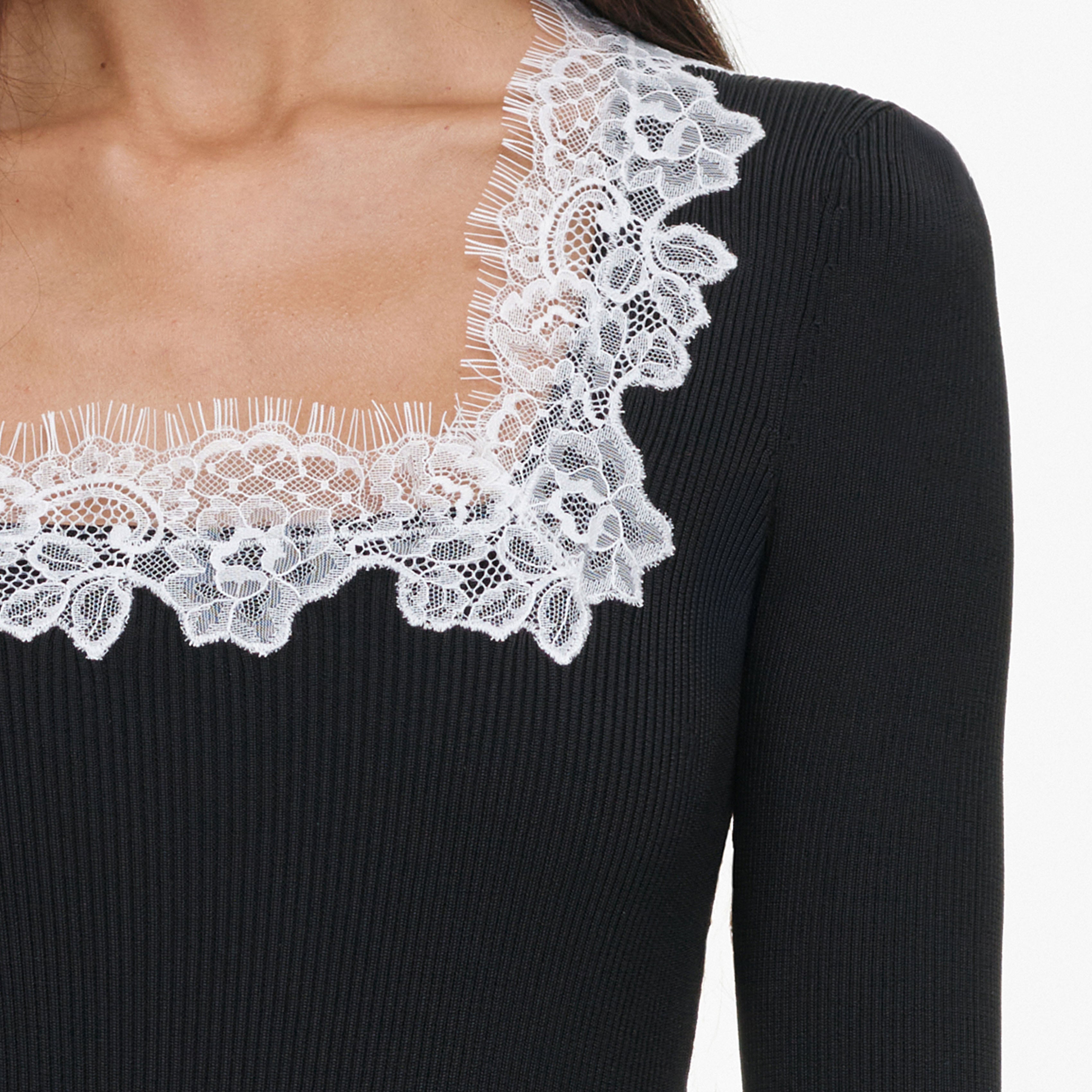 Self Portrait Black Lace Trim Rib Knit Bodysuit Body Schwarz
