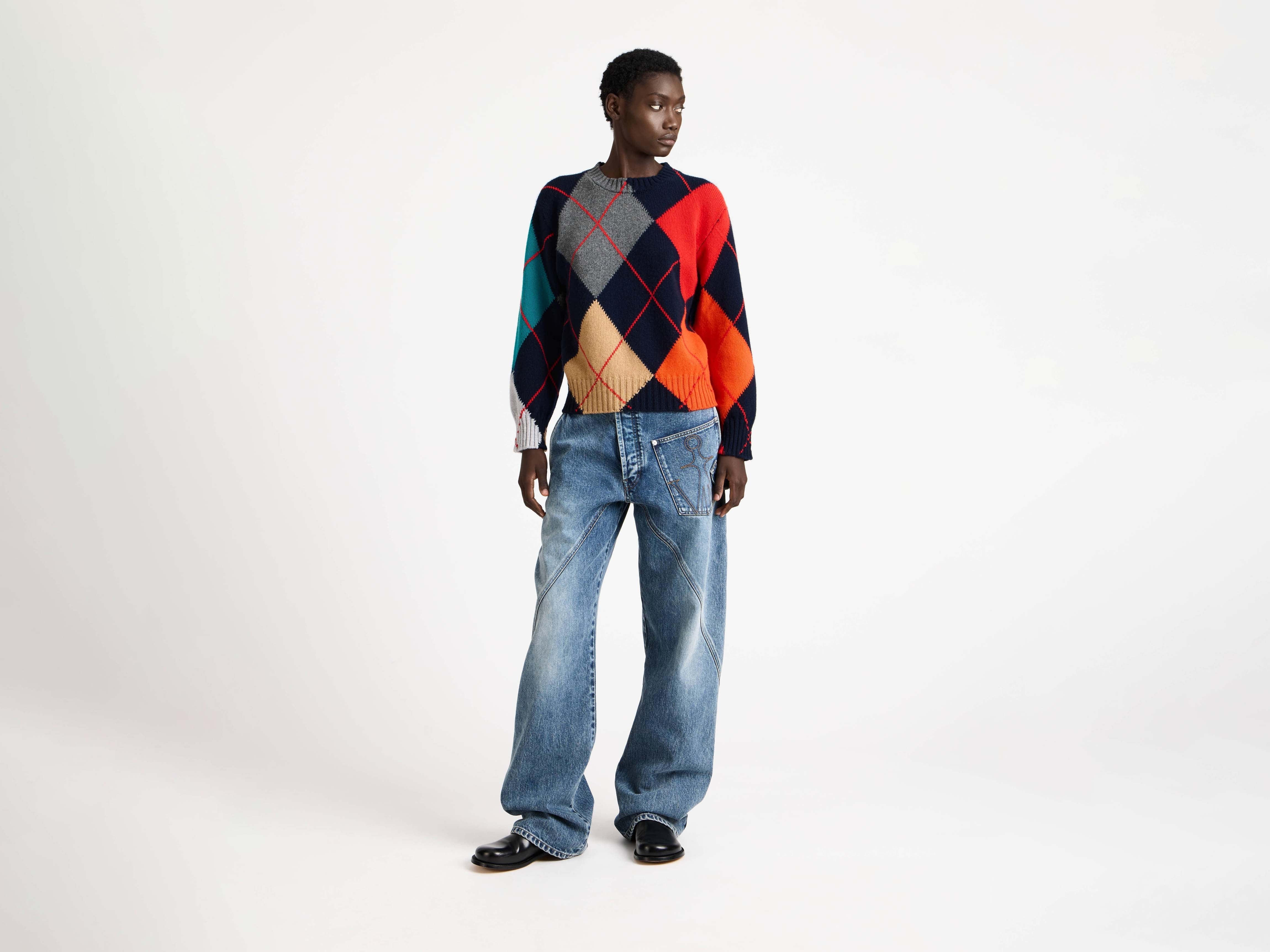 J.W.Anderson Knitwear Argyle Pullover Navy Wolle Cropped