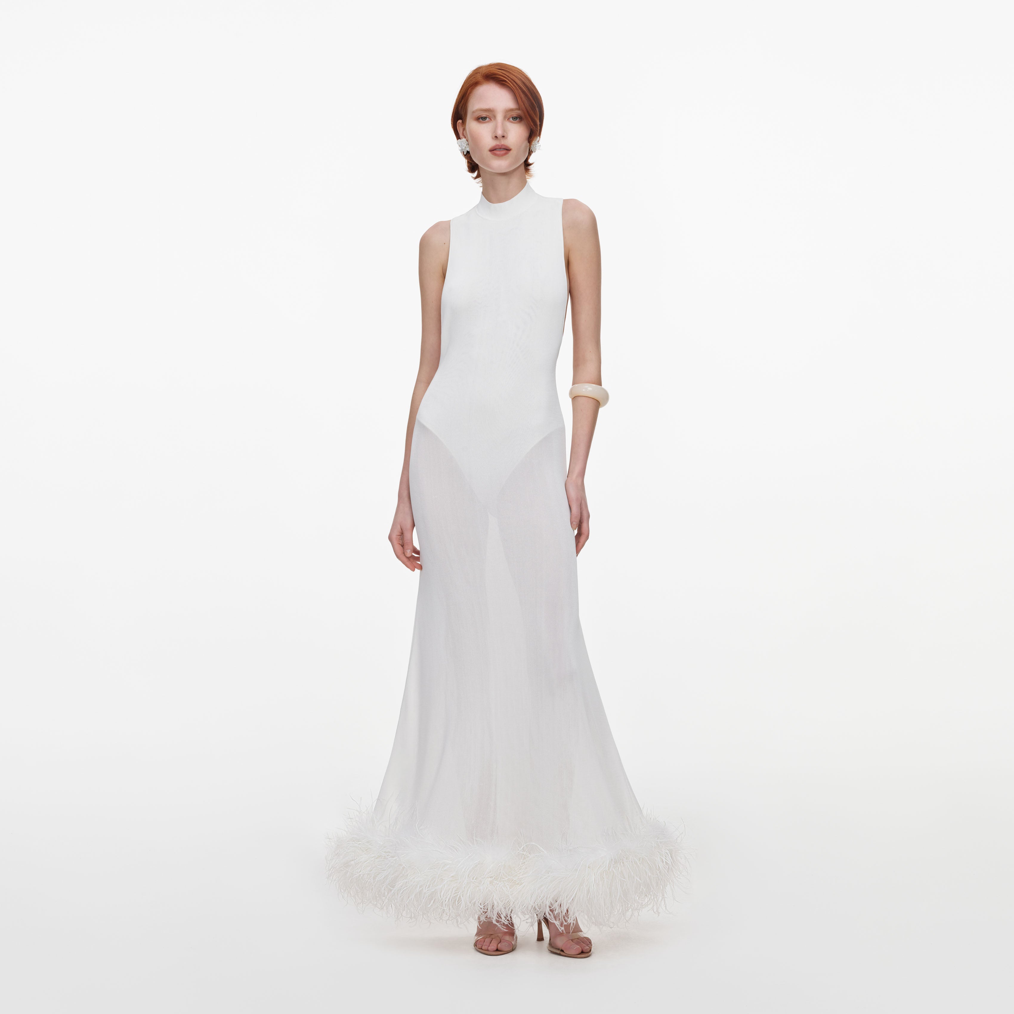 Self Portrait White Racer Feather Knit Midi Kleid Weiß
