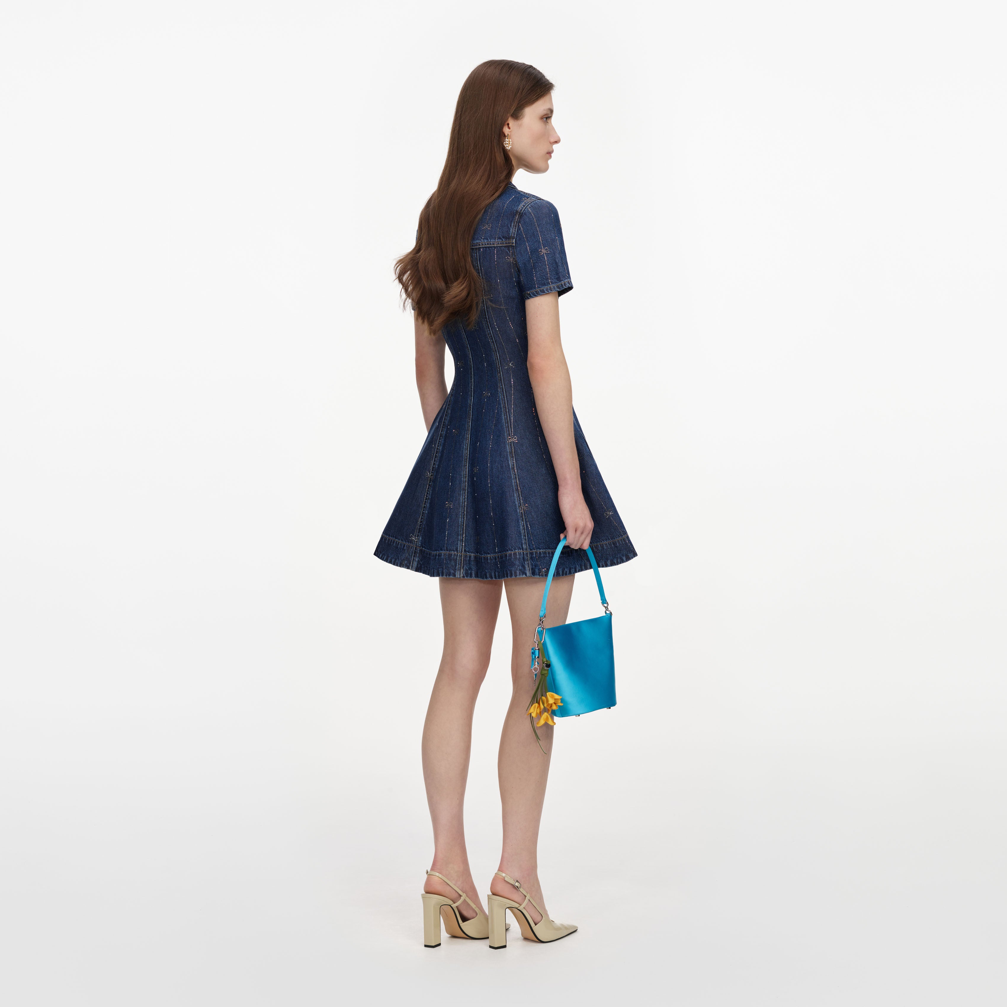 Self Portrait Denim Minikleid Blau Strassstreifen Taschen